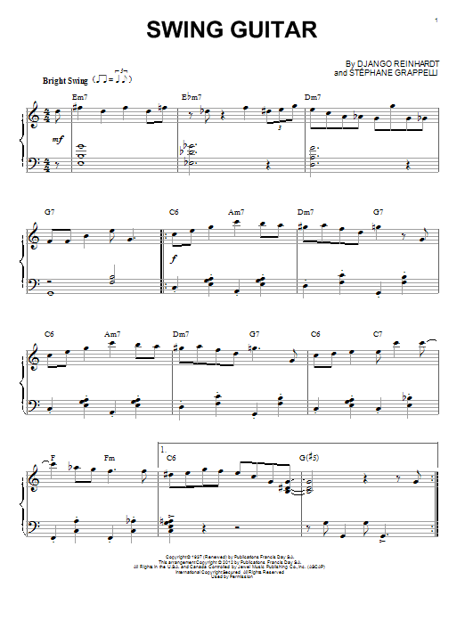 Preview Django Reinhardt Swing Guitar (arr. Brent Edstrom) Jazz sheet music, notes and chords for Piano, SKU: 90136 Swing Guitar (arr. Brent Edstrom) sheet music