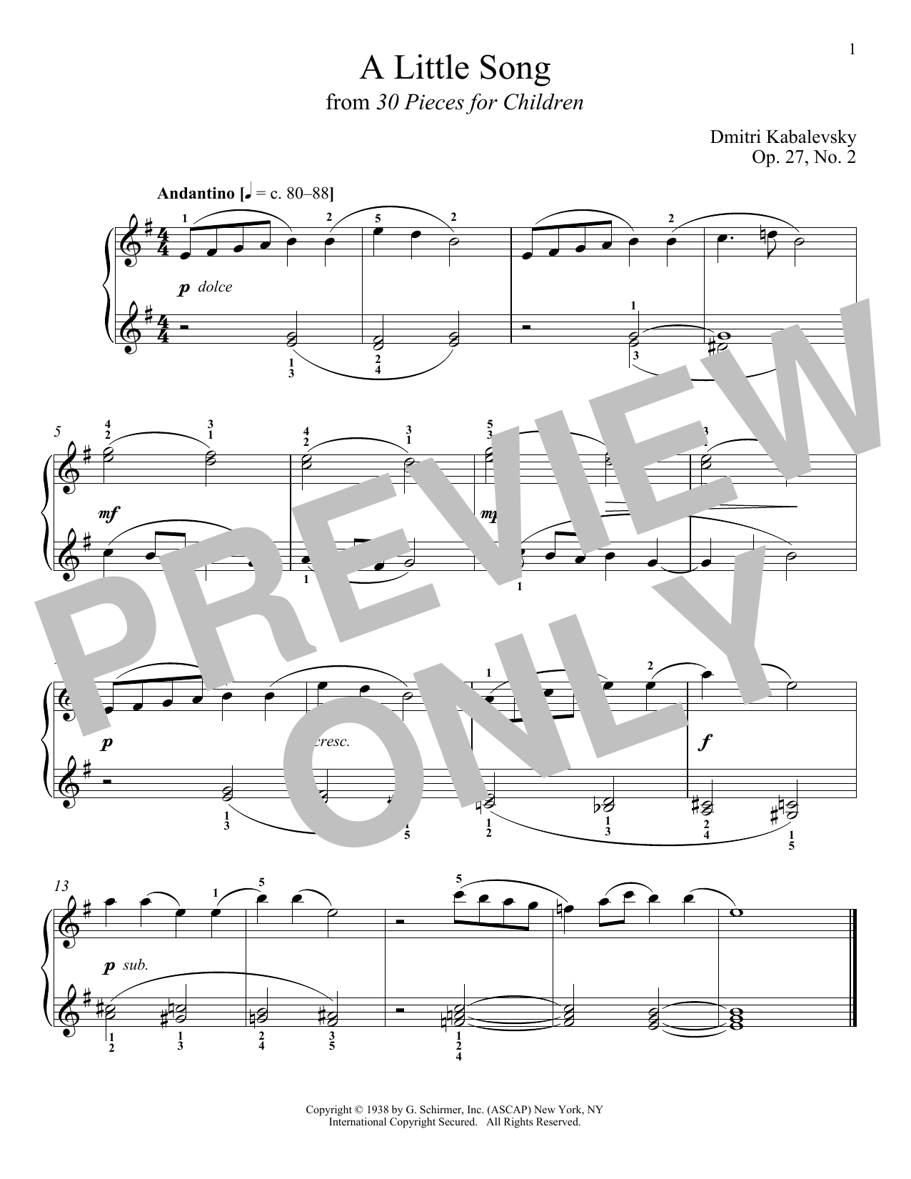Dmitri Kabalevsky A Little Song, Op. 27, No. 2 Sheet Music Notes & Chords for Piano - Download or Print PDF