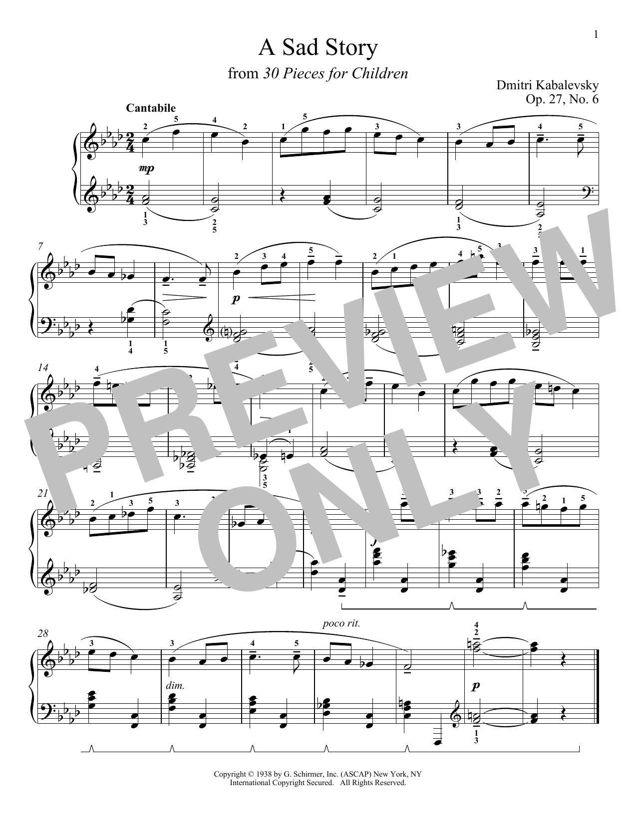 Dmitri Kabalevsky A Sad Story, Op. 27, No. 6 Sheet Music Notes & Chords for Piano - Download or Print PDF