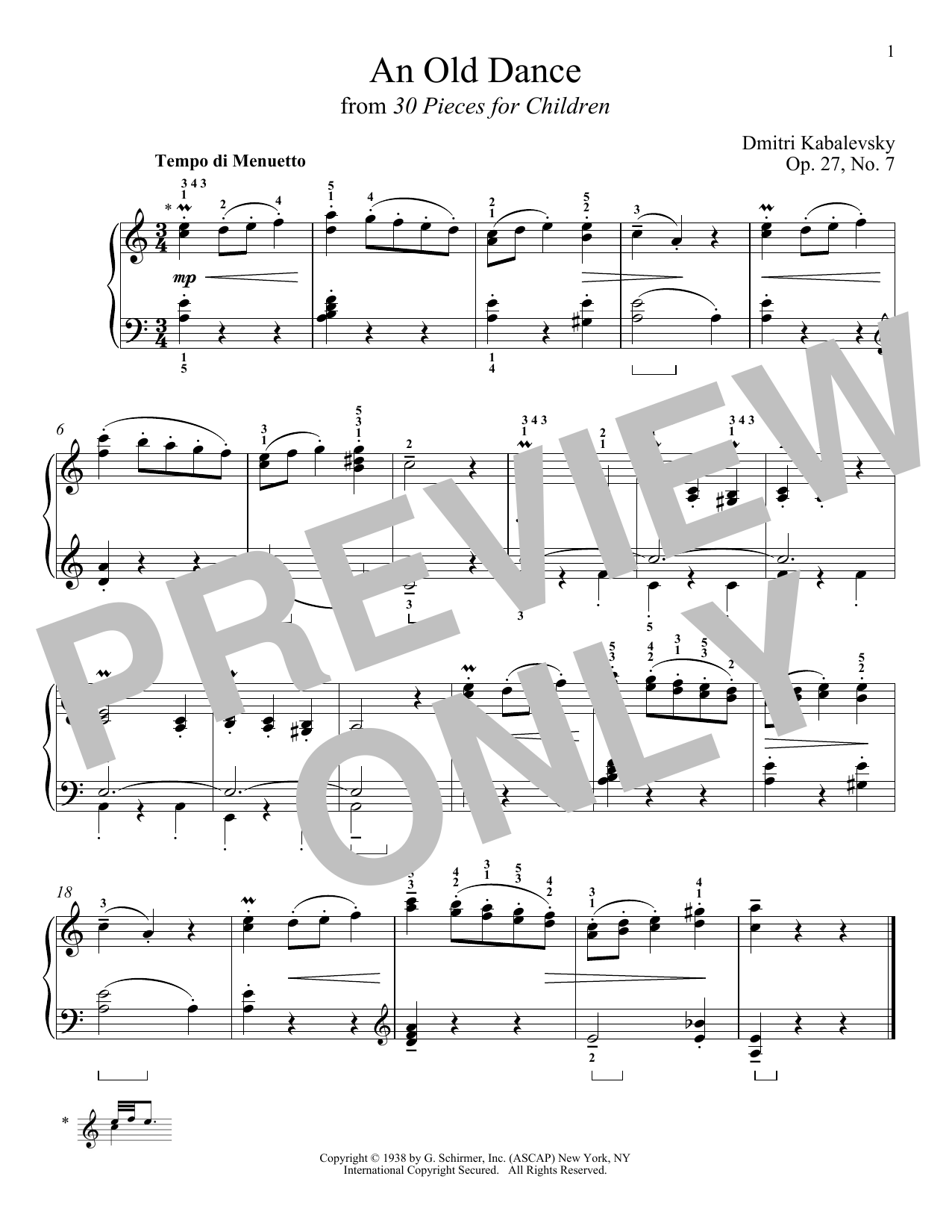 Dmitri Kabalevsky An Old Dance, Op. 27, No. 7 Sheet Music Notes & Chords for Piano - Download or Print PDF