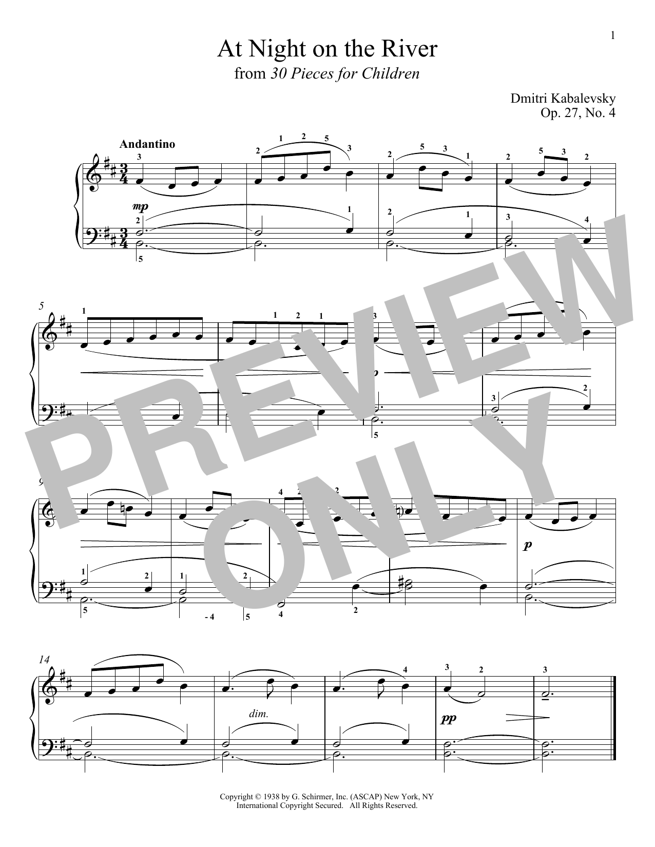 Dmitri Kabalevsky At Night On The River Sheet Music Notes & Chords for Piano - Download or Print PDF