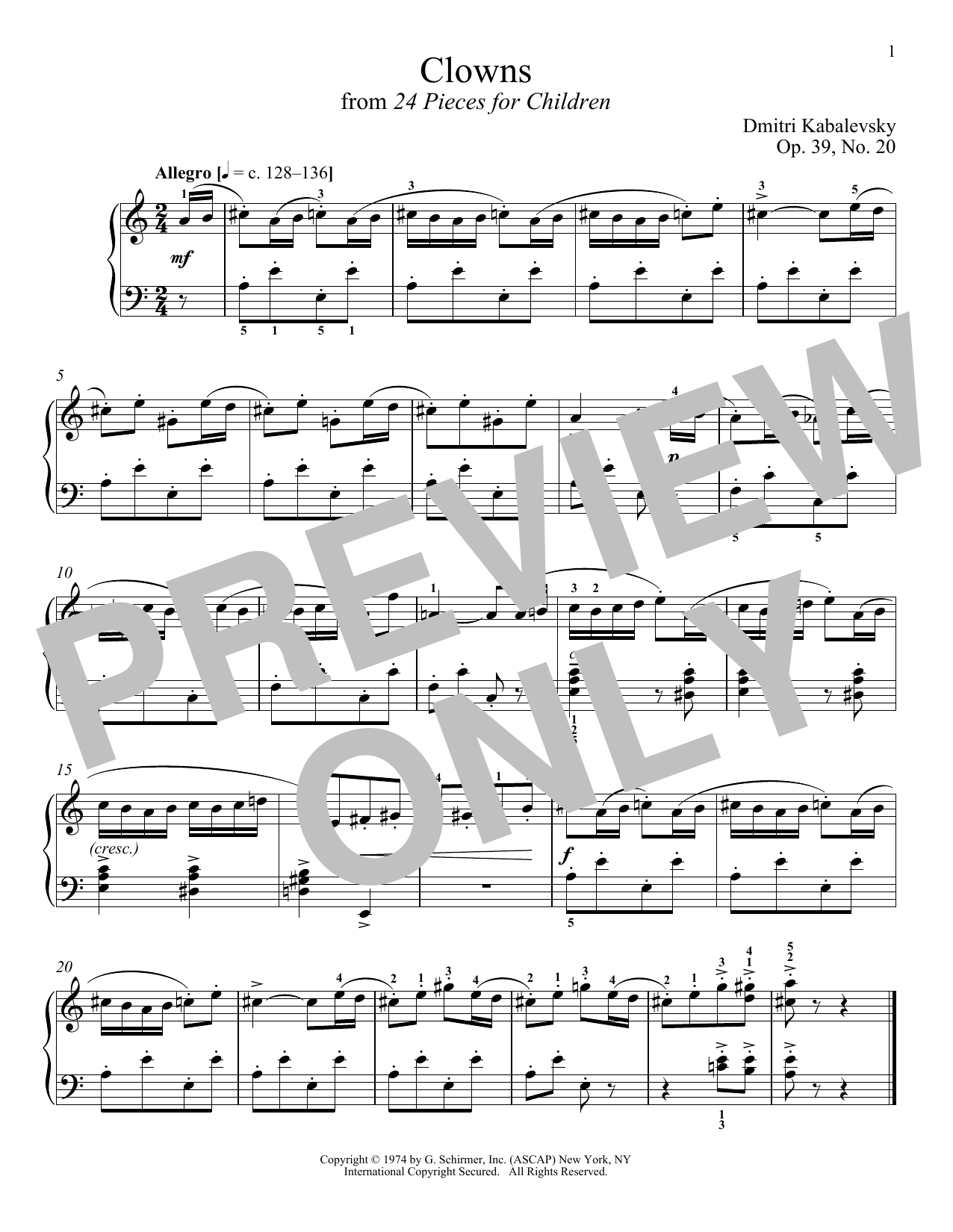 Dmitri Kabalevsky Clowns, Op. 39, No. 20 Sheet Music Notes & Chords for Piano - Download or Print PDF