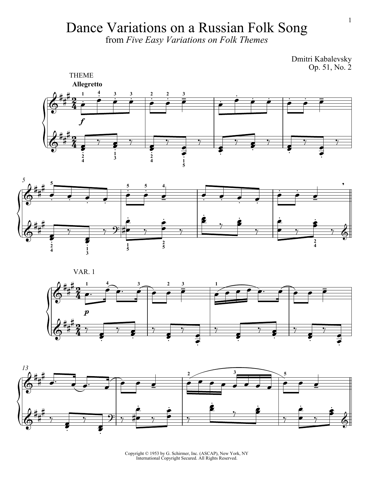 Dmitri Kabalevsky Dance Variations On A Russian Folk Song, Op. 51, No. 2 Sheet Music Notes & Chords for Piano - Download or Print PDF