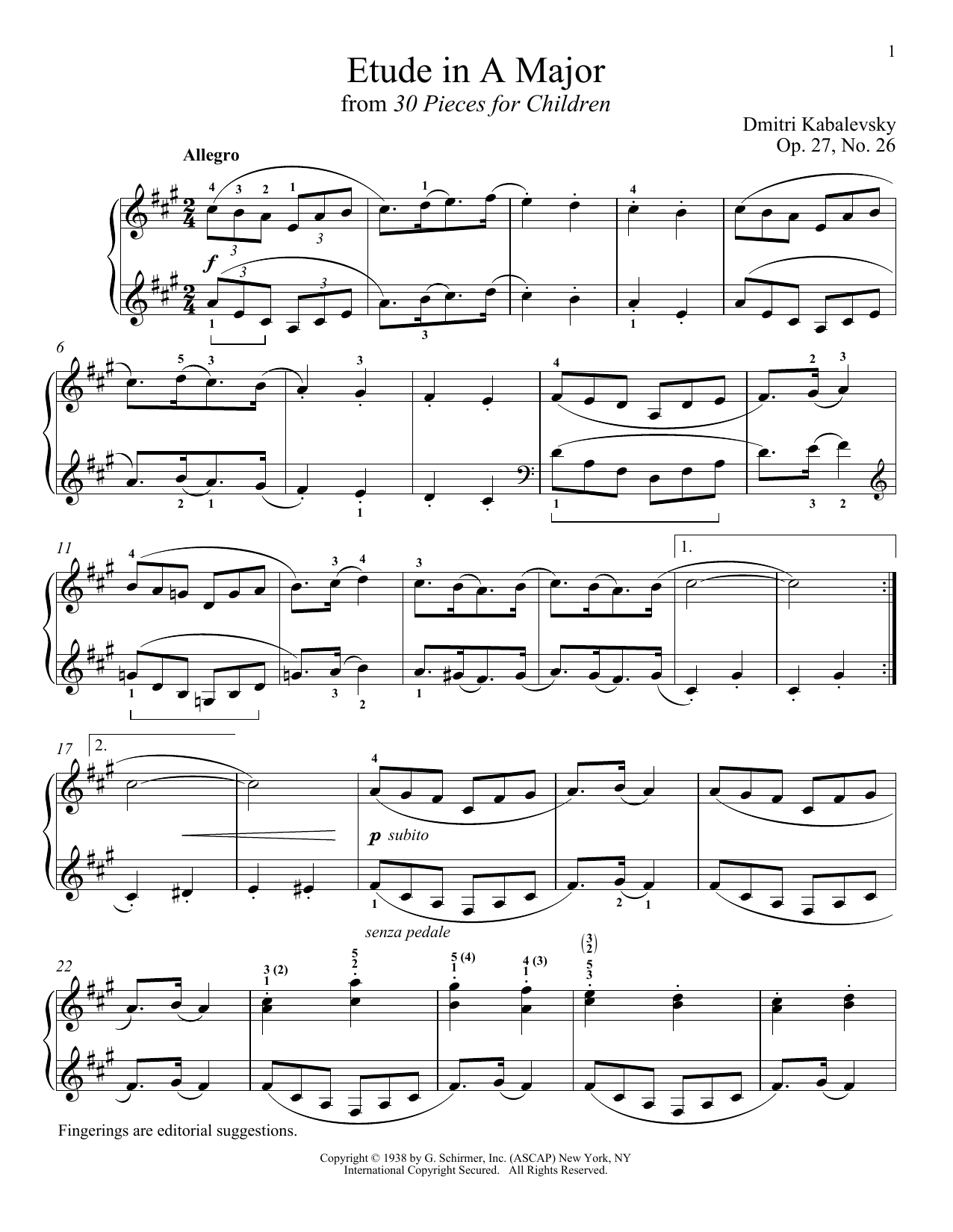 Dmitri Kabalevsky Etude In A Major, OP. 27, No. 26 Sheet Music Notes & Chords for Piano - Download or Print PDF