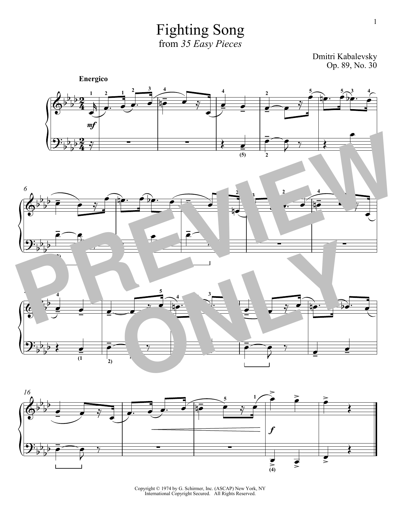 Dmitri Kabalevsky Fighting Song, Op. 89, No. 30 Sheet Music Notes & Chords for Piano - Download or Print PDF