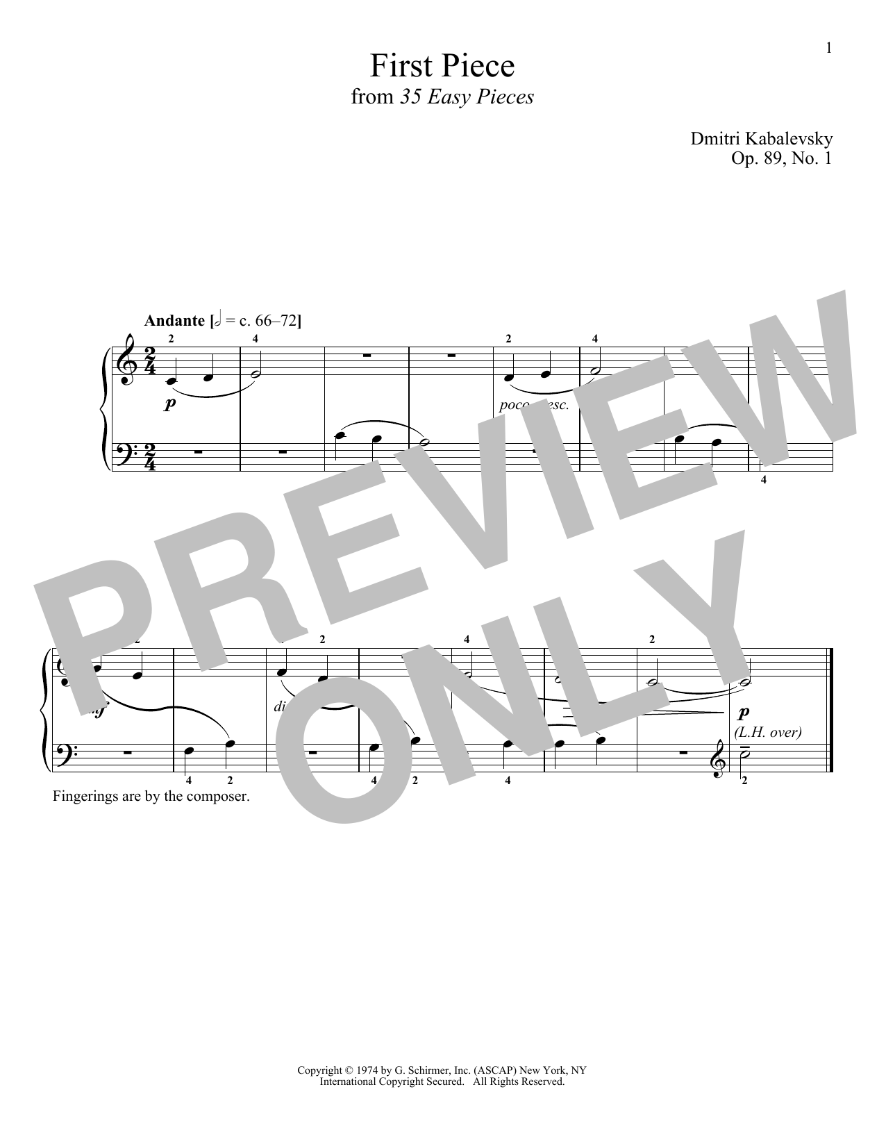 Dmitri Kabalevsky First Piece, Op. 89, No. 1 Sheet Music Notes & Chords for Piano - Download or Print PDF
