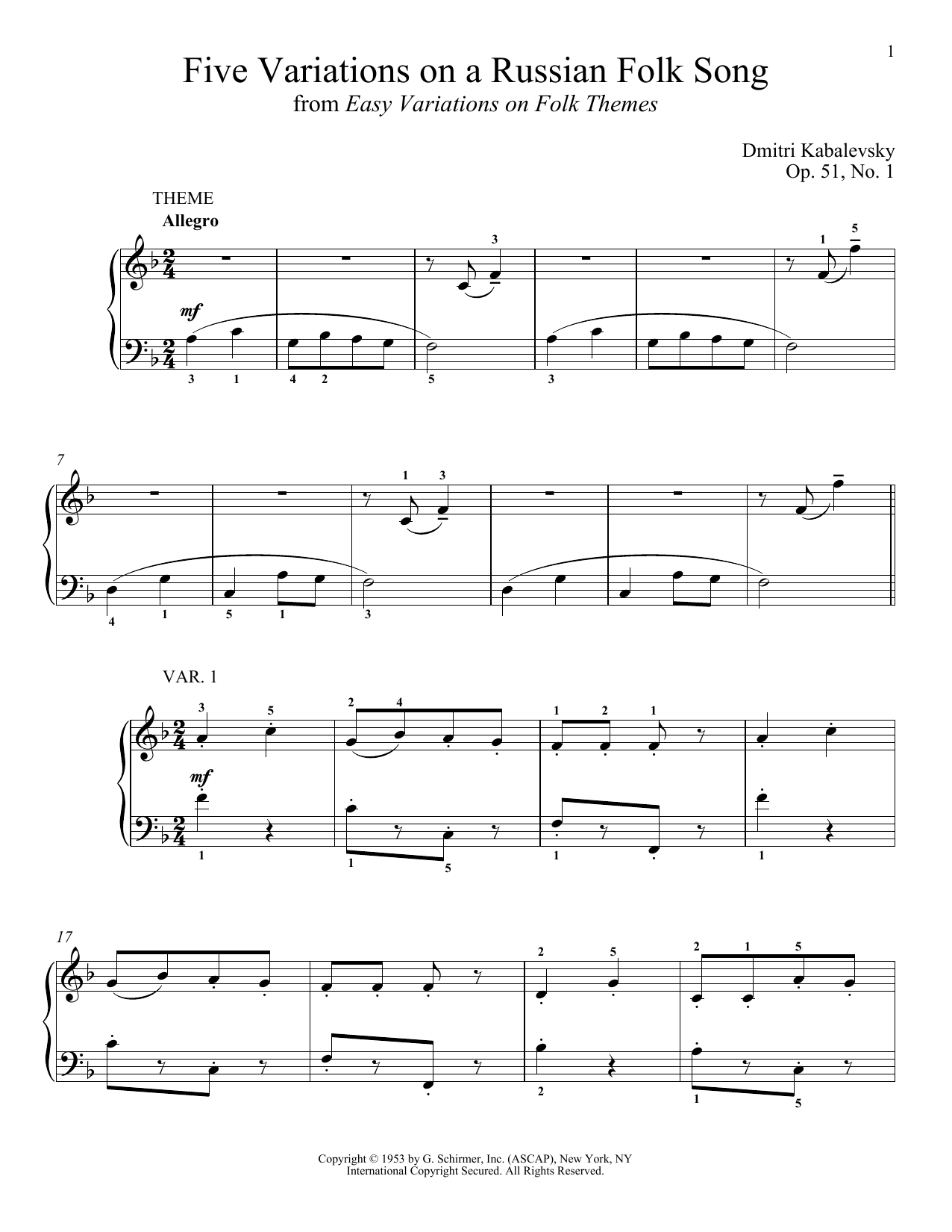 Dmitri Kabalevsky Five Variations On A Russian Folk Song, Op. 51, No. 1 Sheet Music Notes & Chords for Piano - Download or Print PDF