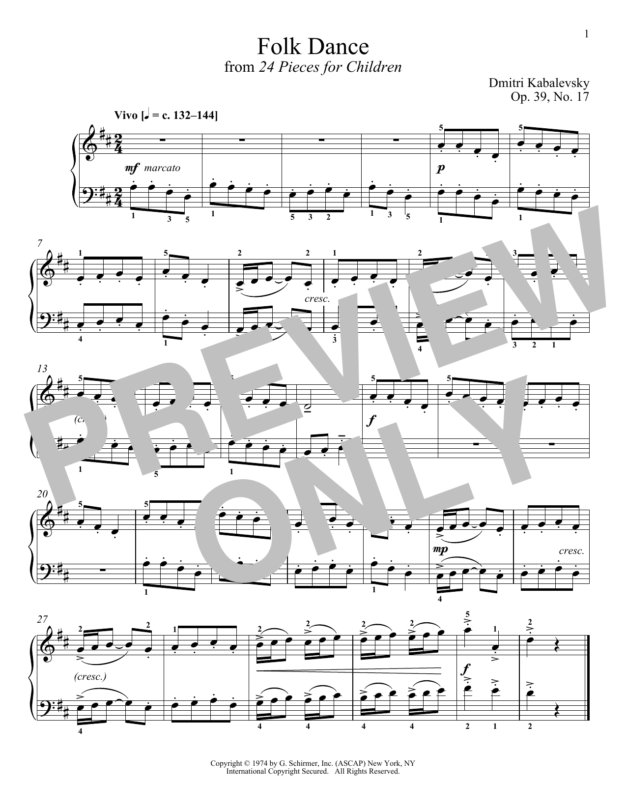 Dmitri Kabalevsky Folk Dance, Op. 39, No. 17 Sheet Music Notes & Chords for Piano - Download or Print PDF