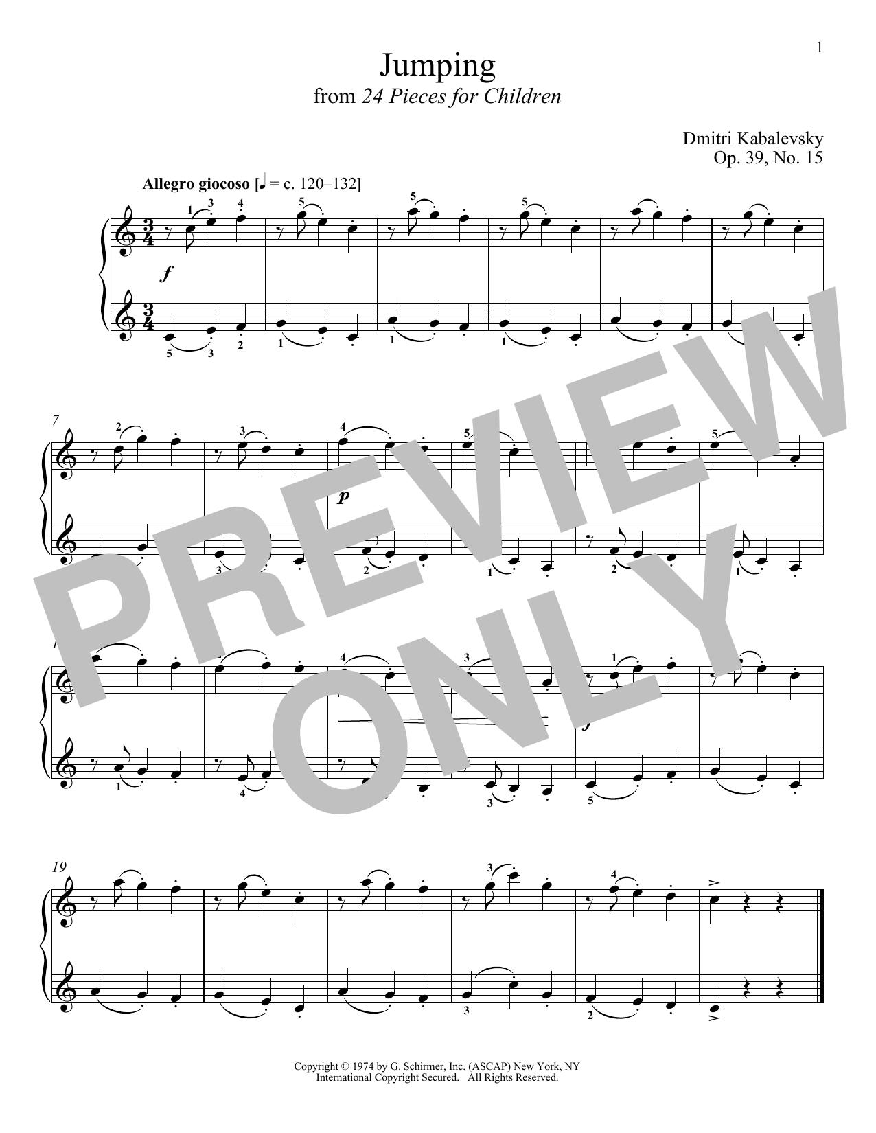 Dmitri Kabalevsky Jumping, Op. 39, No. 15 Sheet Music Notes & Chords for Piano - Download or Print PDF