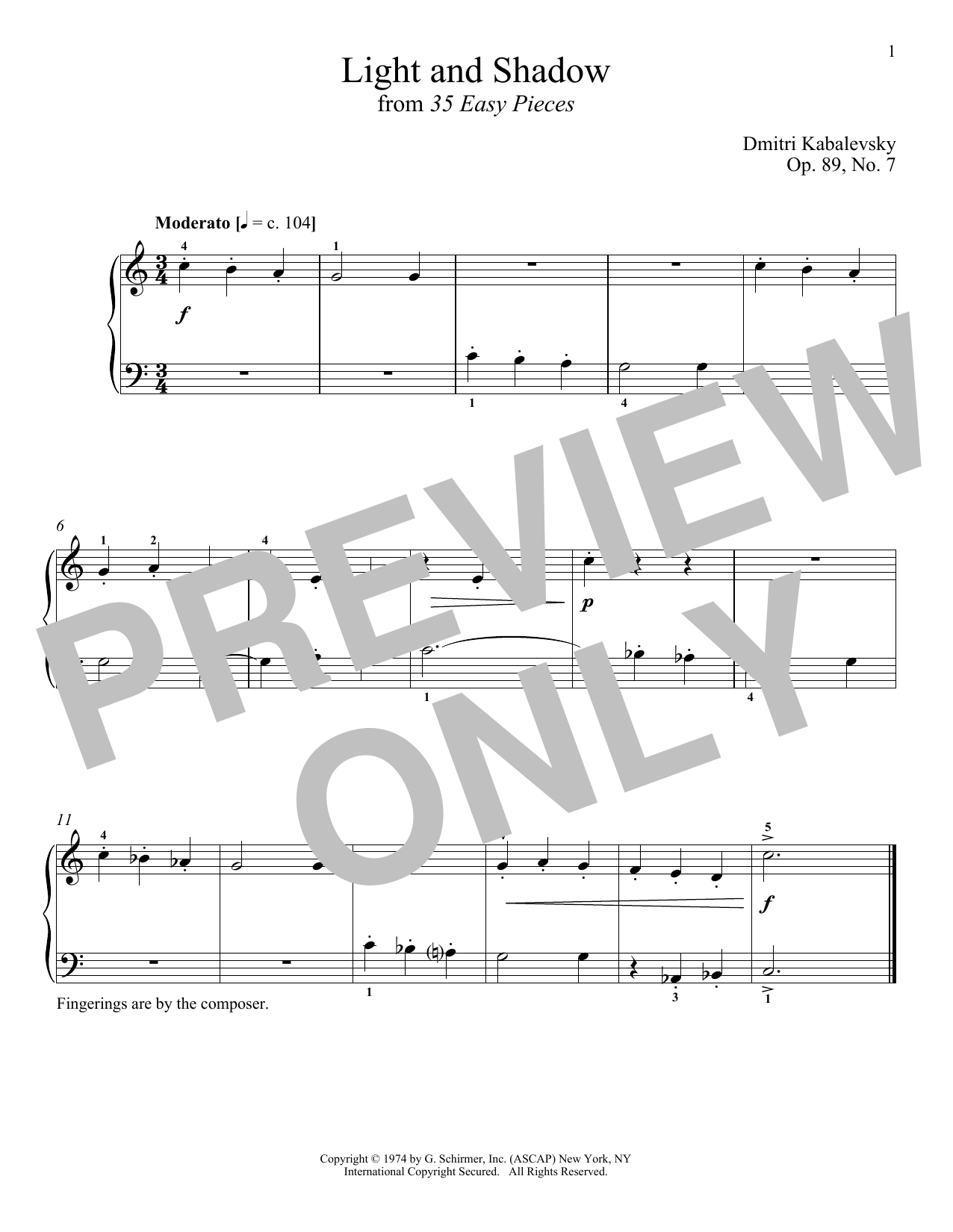 Dmitri Kabalevsky Light And Shadow, Op. 89, No. 7 Sheet Music Notes & Chords for Piano - Download or Print PDF