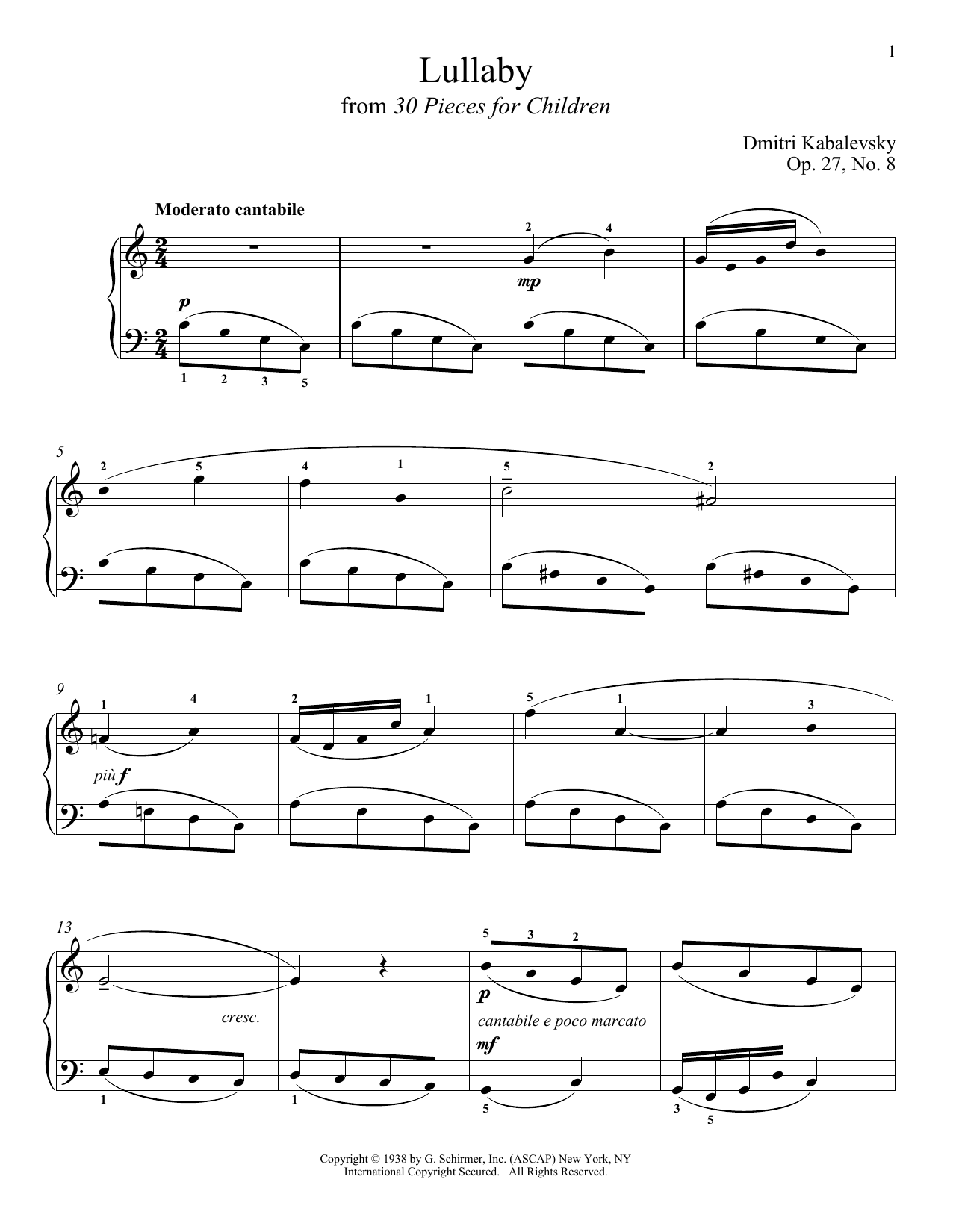 Dmitri Kabalevsky Lullaby Sheet Music Notes & Chords for Piano - Download or Print PDF