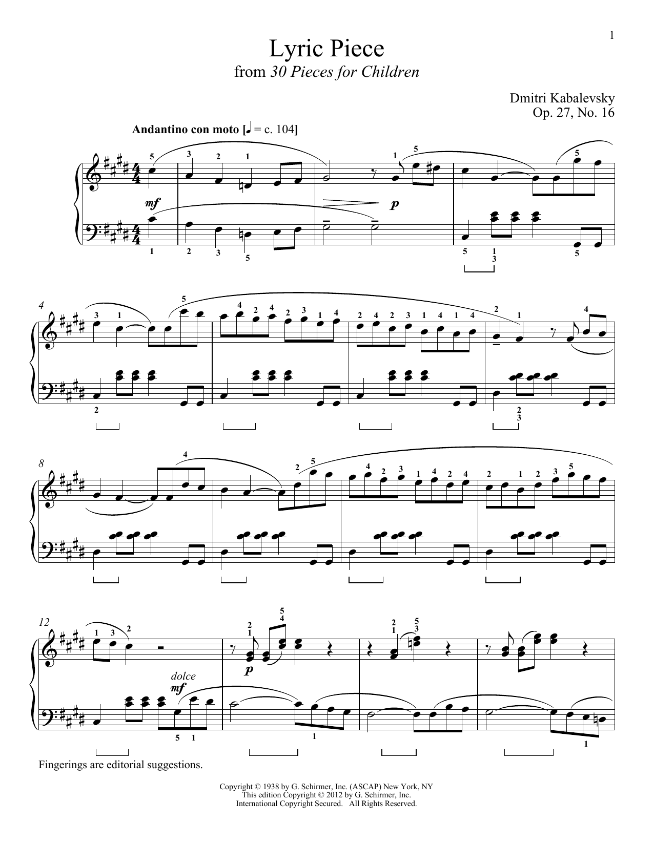 Dmitri Kabalevsky Lyric Piece Sheet Music Notes & Chords for Piano - Download or Print PDF