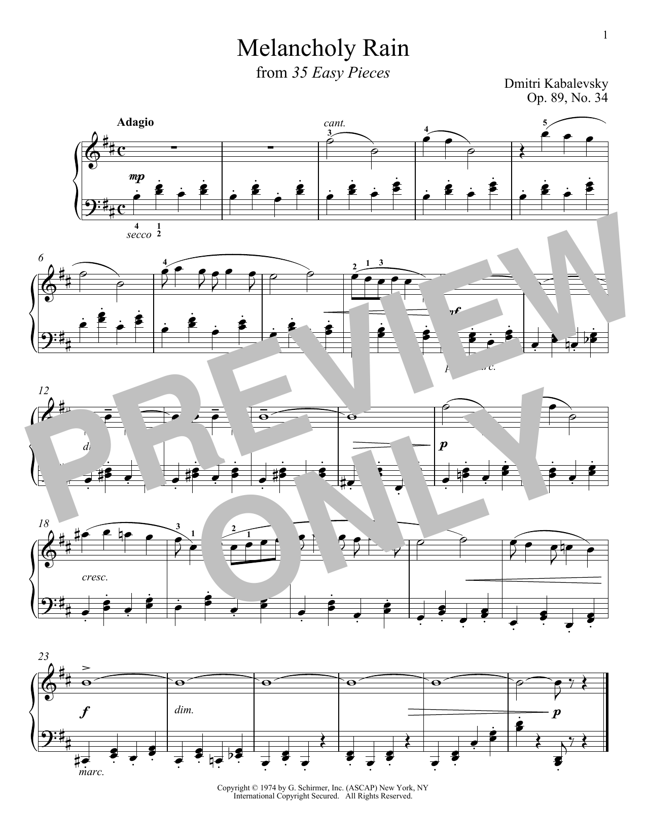 Dmitri Kabalevsky Melancholy Rain, Op. 89, No. 34 Sheet Music Notes & Chords for Piano - Download or Print PDF
