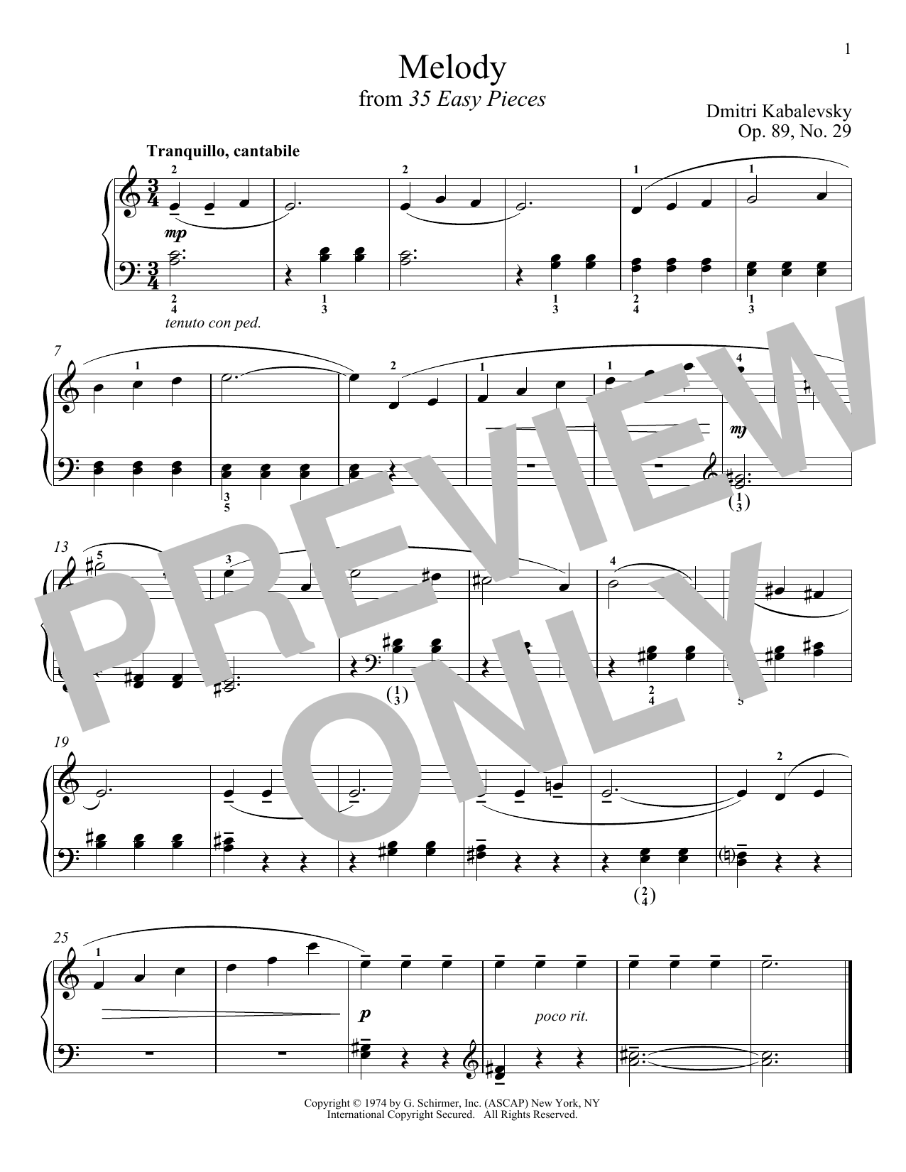 Dmitri Kabalevsky Melody, Op. 89, No. 29 Sheet Music Notes & Chords for Piano - Download or Print PDF