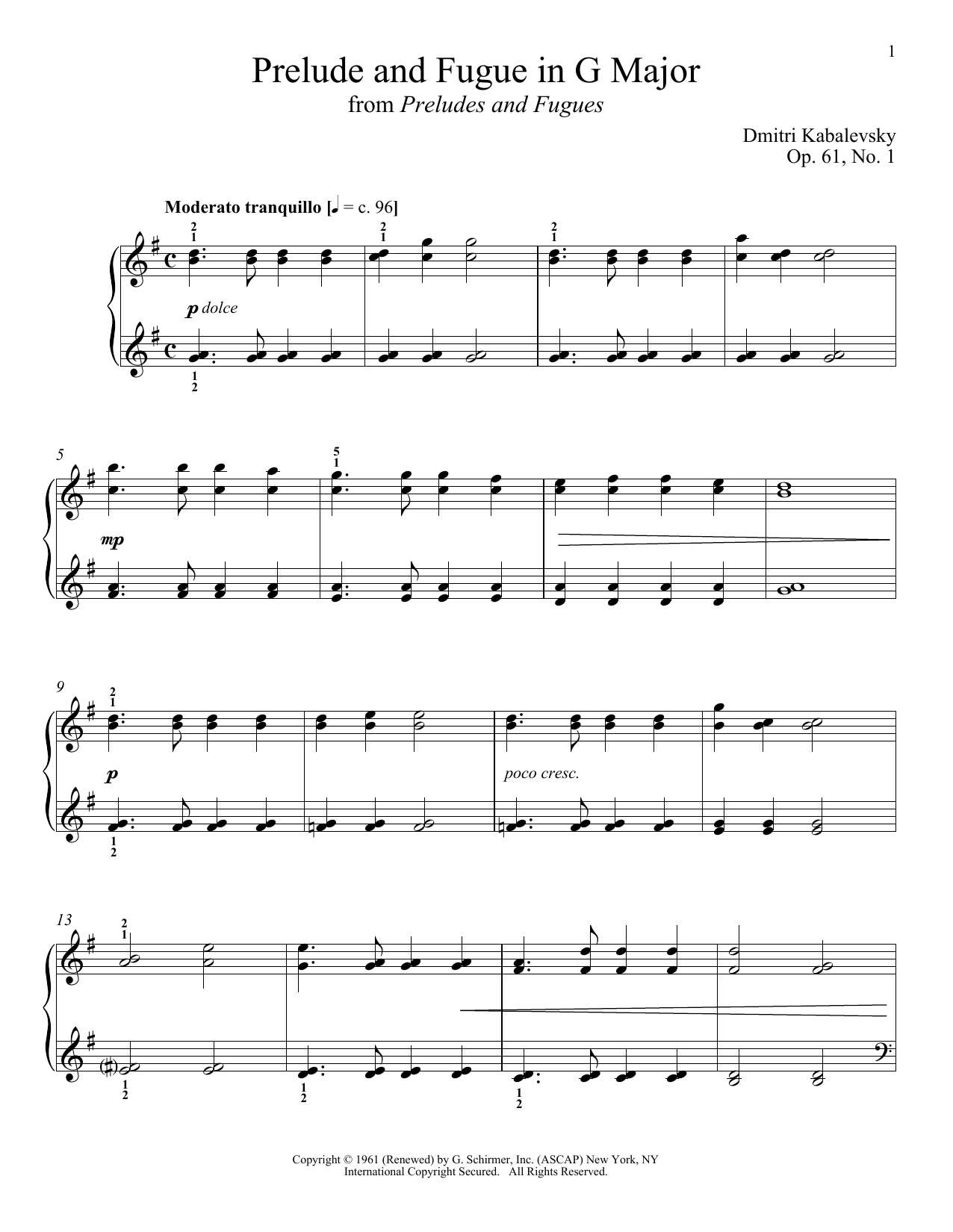 Dmitri Kabalevsky Prelude And Fugue In G Major Sheet Music Notes & Chords for Piano - Download or Print PDF