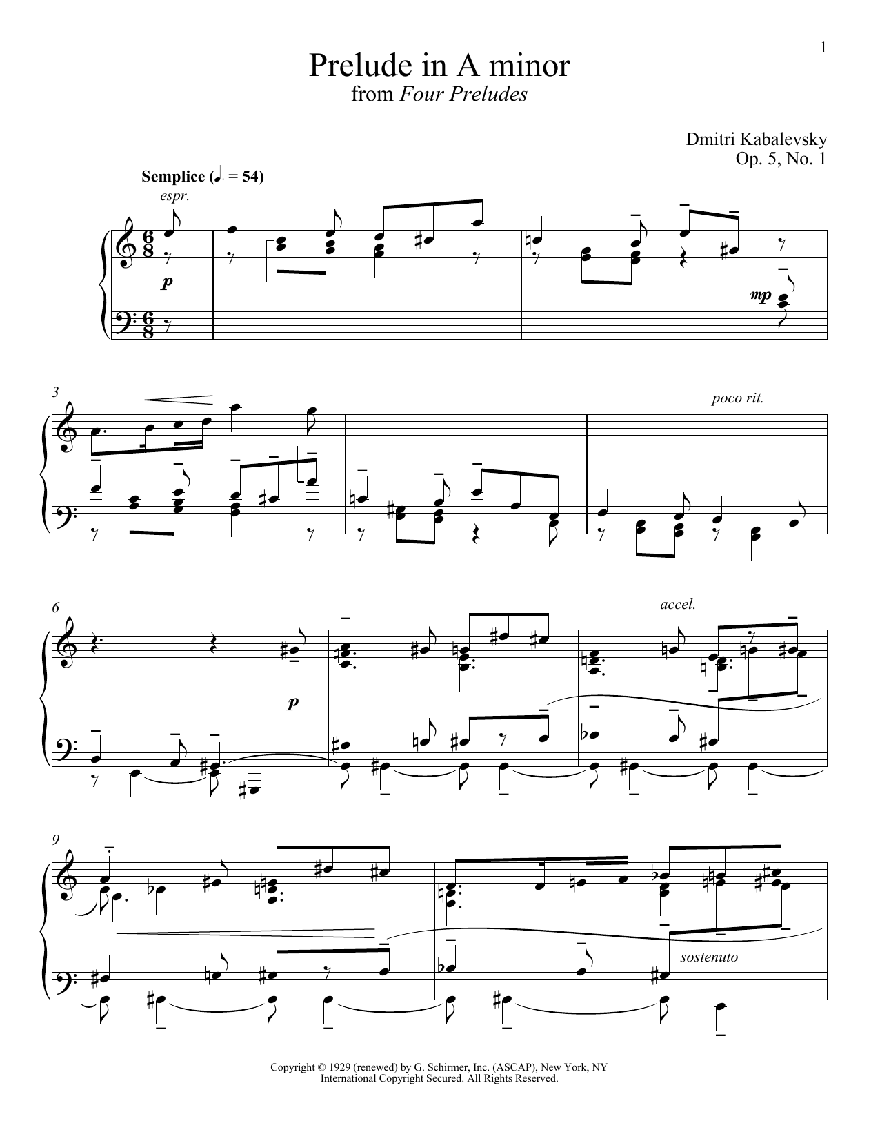 Dmitri Kabalevsky Prelude In A Minor, Op. 5, No. 1 Sheet Music Notes & Chords for Piano - Download or Print PDF