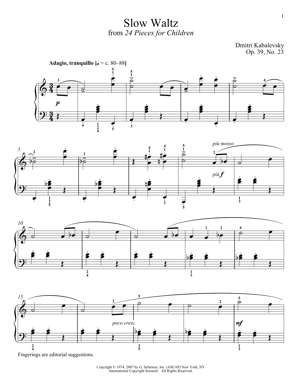 Dmitri Kabalevsky Slow Waltz Sheet Music Notes & Chords for Piano - Download or Print PDF
