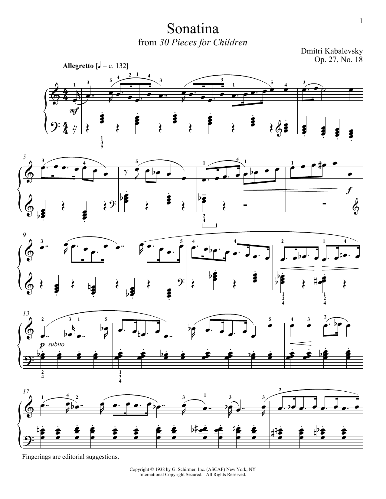 Dmitri Kabalevsky Sonatina Sheet Music Notes & Chords for Piano - Download or Print PDF