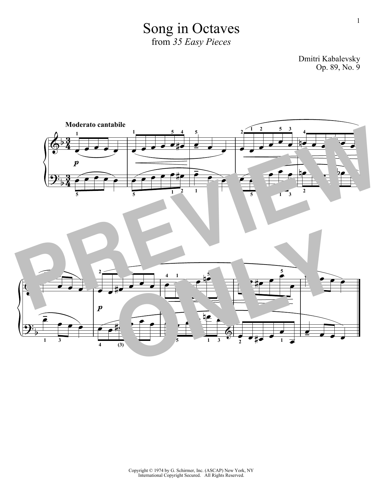 Dmitri Kabalevsky Song In Octaves Sheet Music Notes & Chords for Piano - Download or Print PDF