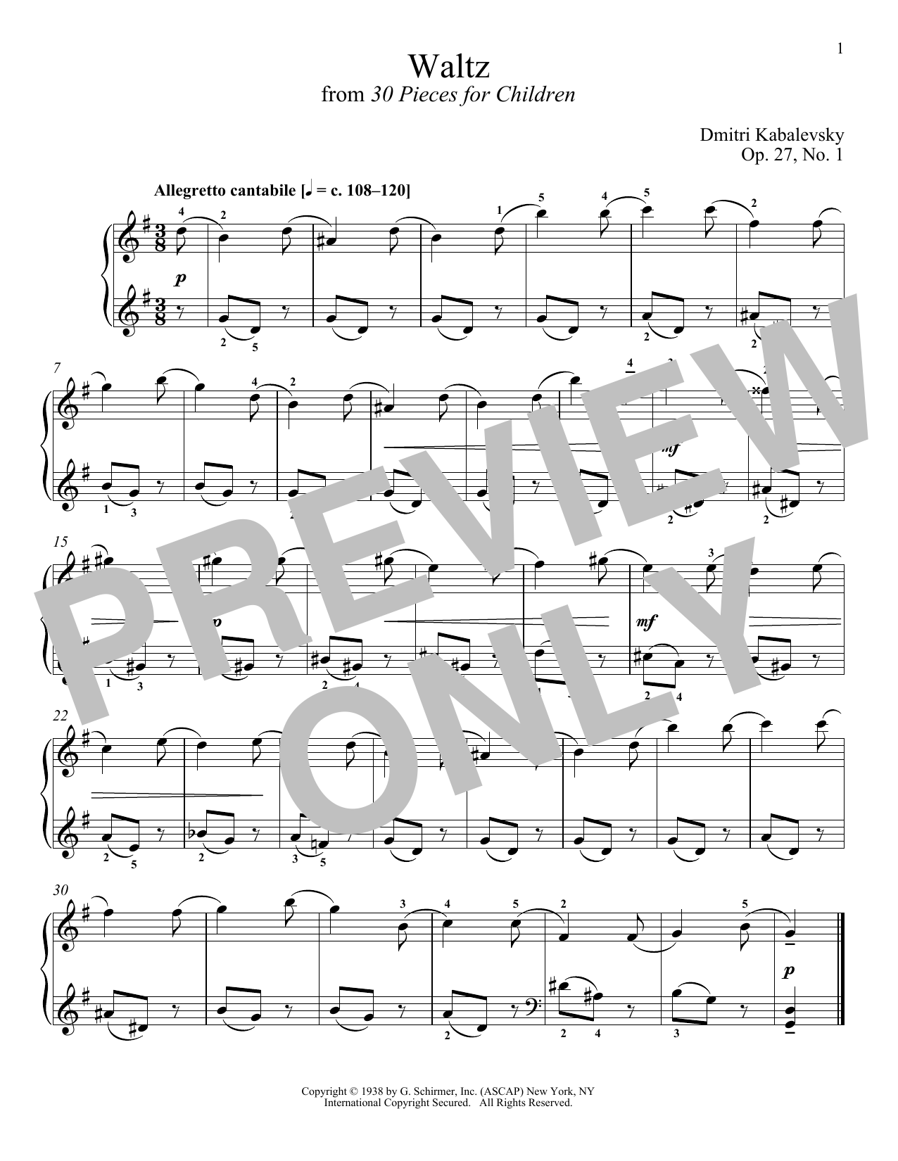 Dmitri Kabalevsky Waltz, Op. 27, No. 1 Sheet Music Notes & Chords for Piano - Download or Print PDF