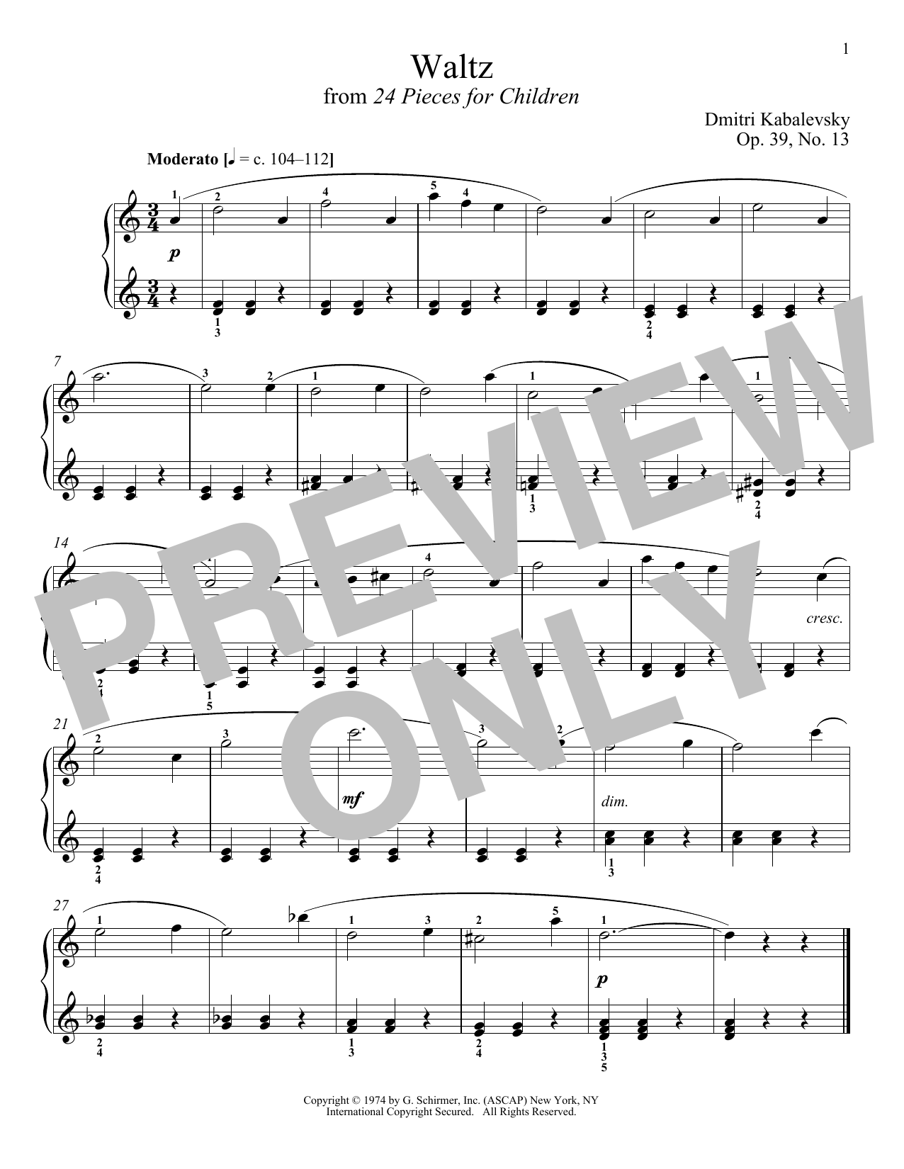 Dmitri Kabalevsky Waltz, Op. 39, No. 13 Sheet Music Notes & Chords for Piano - Download or Print PDF