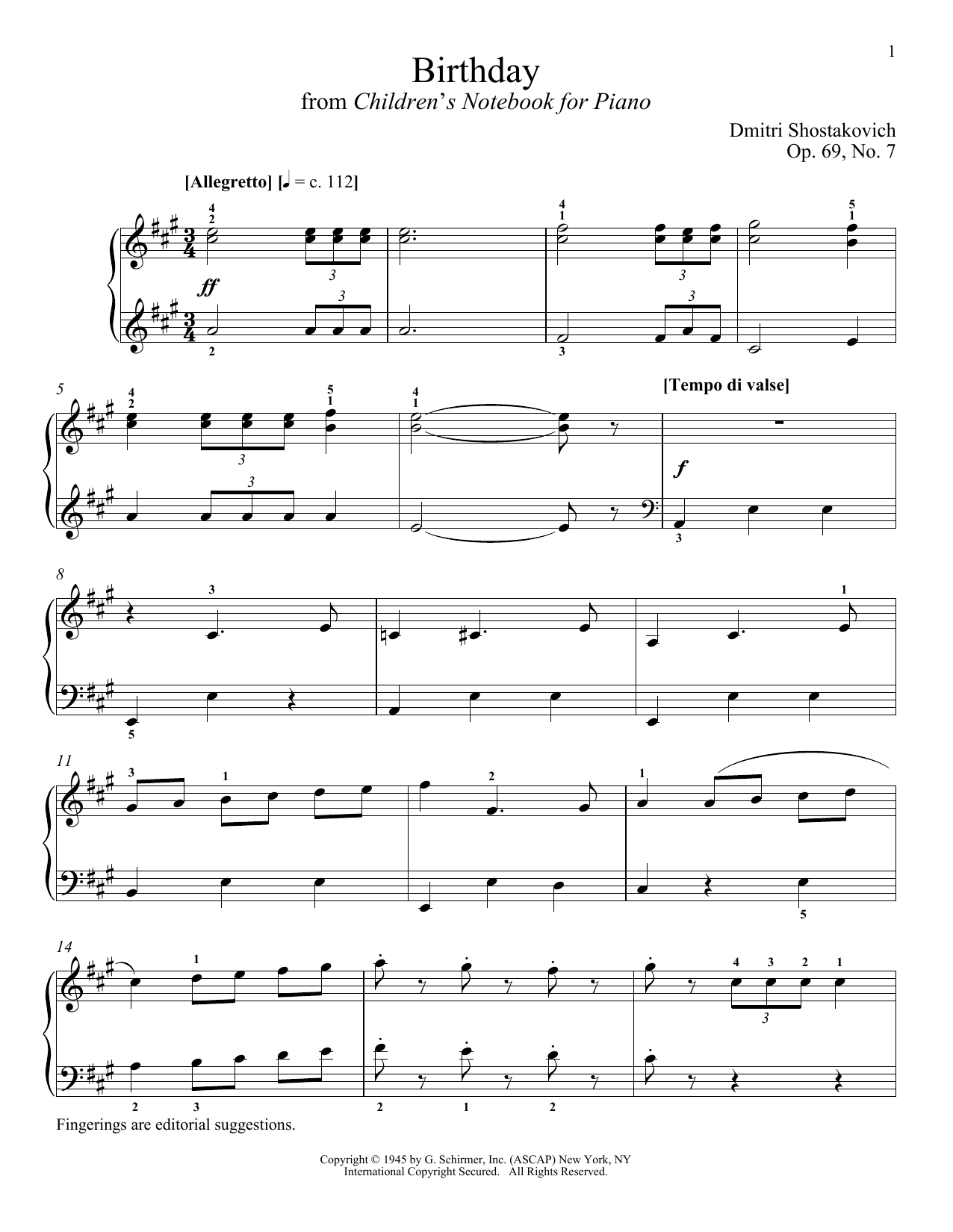 Dmitri Shostakovich Birthday Sheet Music Notes & Chords for Piano - Download or Print PDF