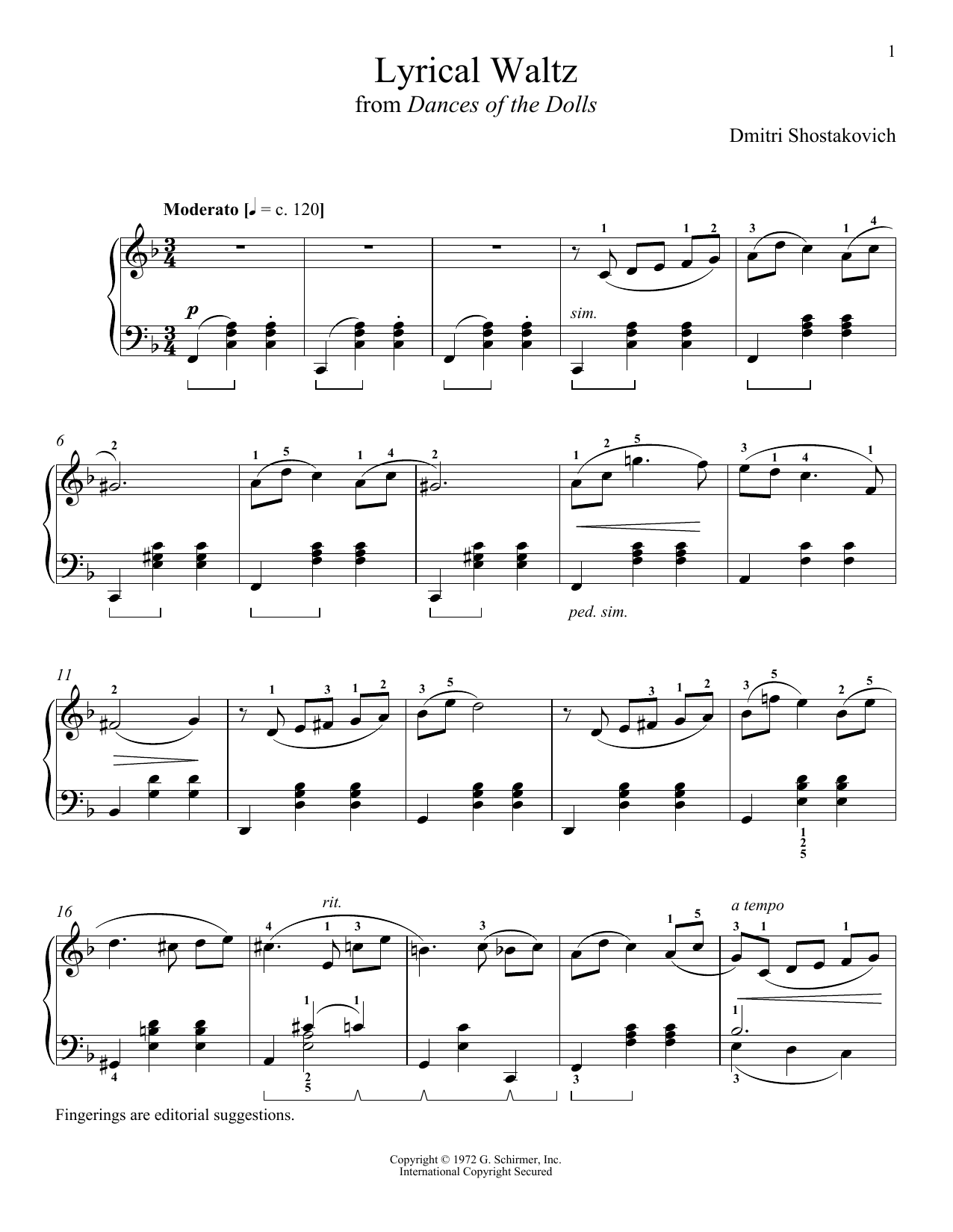 Dmitri Shostakovich Lyrical Waltz Sheet Music Notes & Chords for Piano - Download or Print PDF Dmitri Shostakovich Lyrical Waltz Sheet Music Notes & Chords for Piano - Download or Print PDF