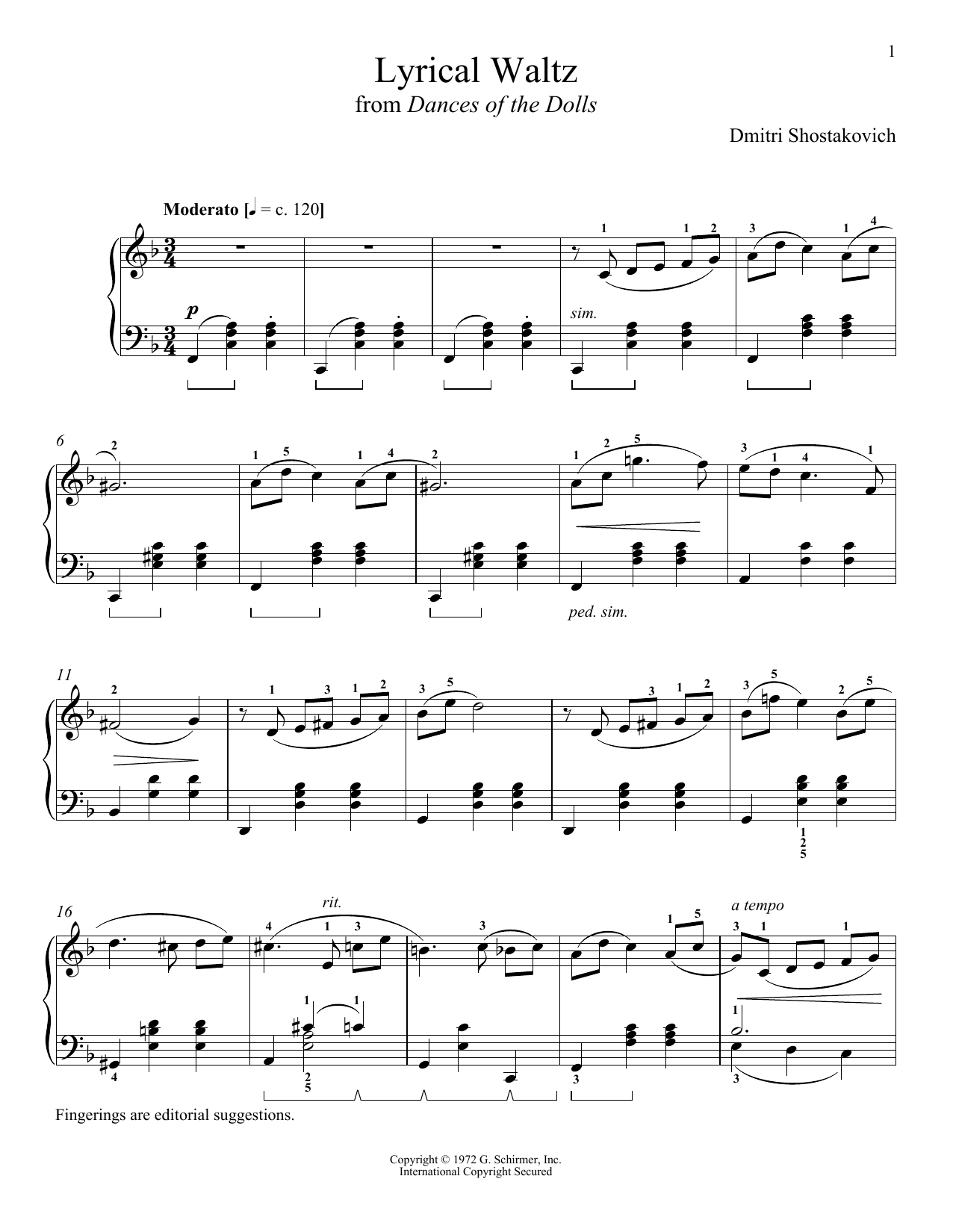 Dmitri Shostakovich Lyrical Waltz Sheet Music Notes & Chords for Piano - Download or Print PDF