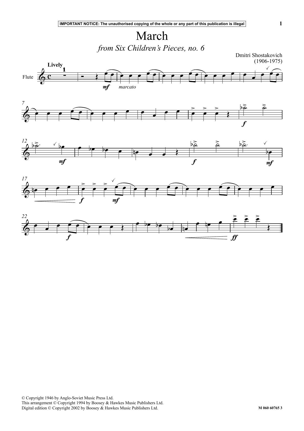 Dmitri Shostakovich March (from Six Children's Pieces, No. 6) Sheet Music Notes & Chords for Instrumental Solo - Download or Print PDF