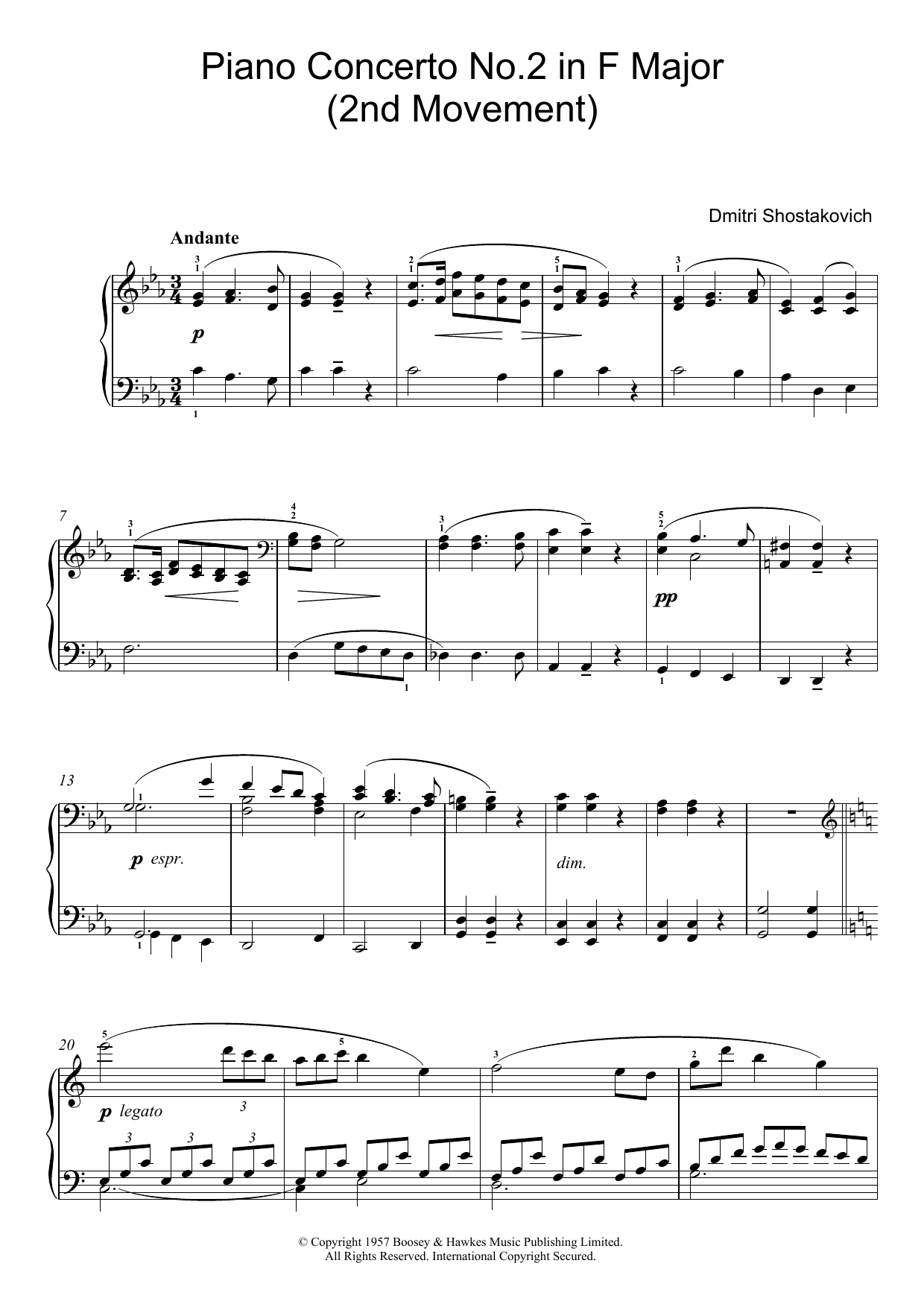 Dmitri Shostakovich Piano Concerto No. 2 in F Major (2nd Movement) Sheet Music Notes & Chords for Piano - Download or Print PDF