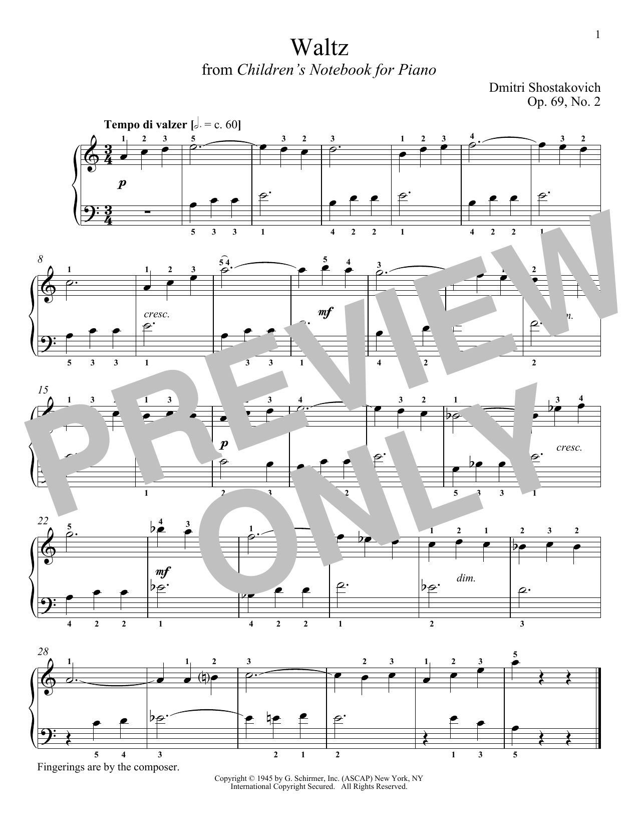 Dmitri Shostakovich Waltz, Op. 69, No. 2 Sheet Music Notes & Chords for Piano - Download or Print PDF