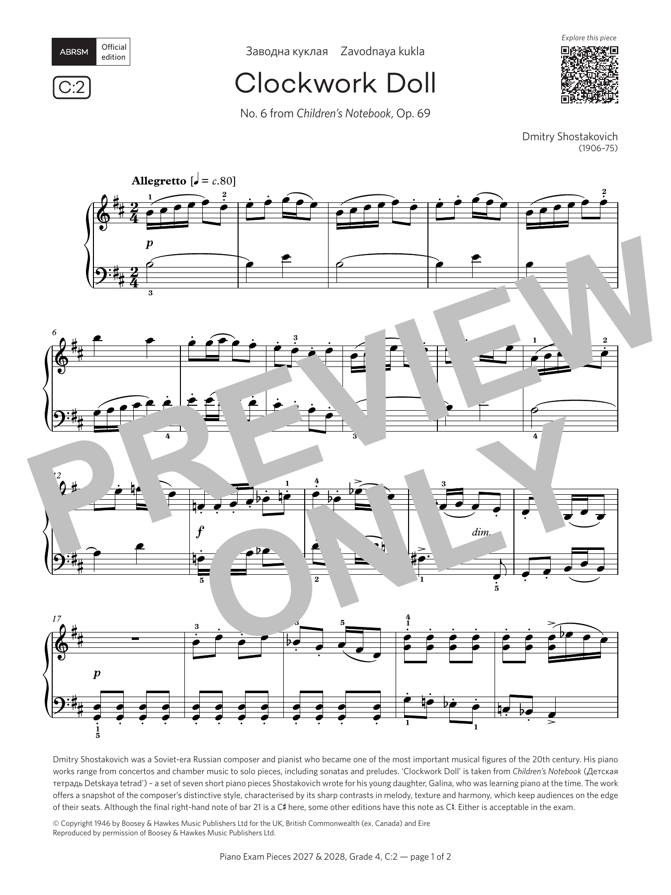 Dmitry Shostakovich Clockwork Doll (Grade 4, list C2, from the ABRSM Piano Syllabus 2027 & 2028) Sheet Music Notes & Chords for Piano Solo - Download or Print PDF