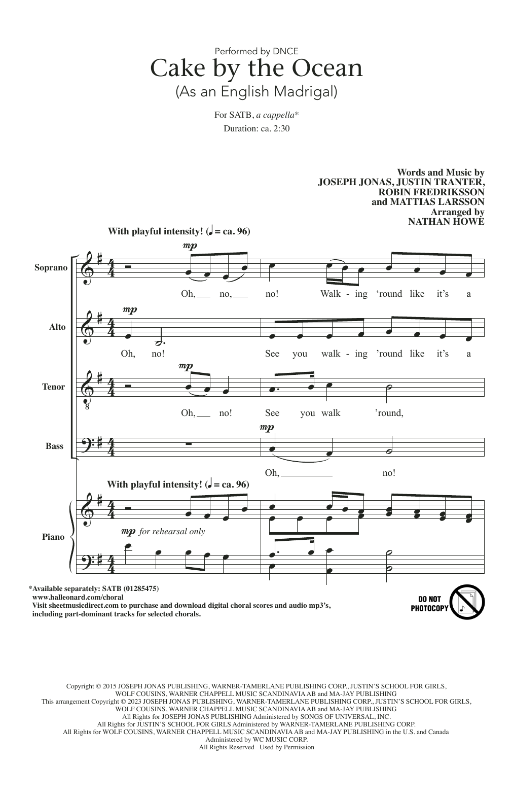 DNCE Cake By The Ocean (As an English Madrigal) (arr. Nathan Howe) Sheet Music Notes & Chords for SATB Choir - Download or Print PDF