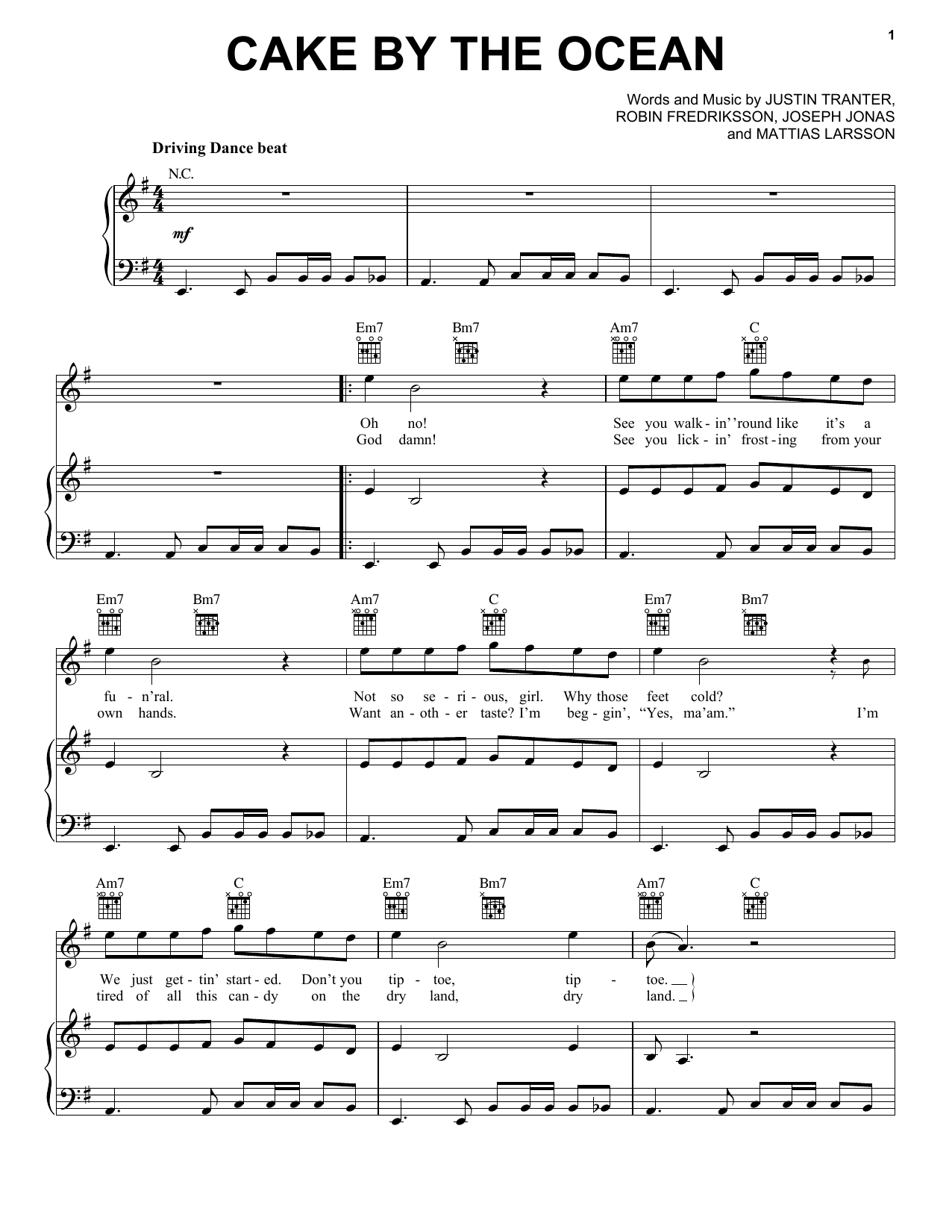 DNCE Cake By The Ocean Sheet Music Notes & Chords for Piano, Vocal & Guitar (Right-Hand Melody) - Download or Print PDF