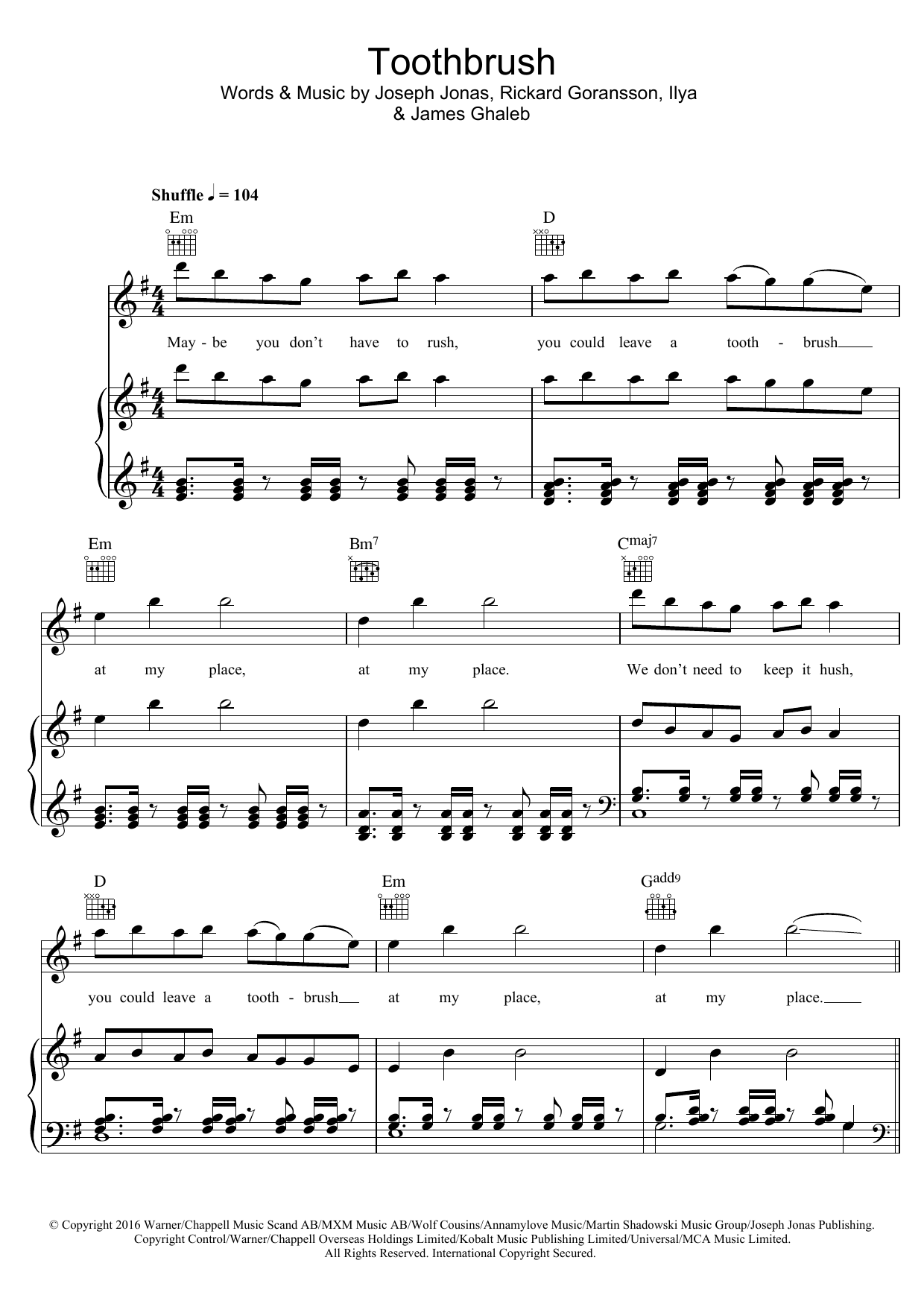 DNCE Toothbrush Sheet Music Notes & Chords for Piano, Vocal & Guitar (Right-Hand Melody) - Download or Print PDF