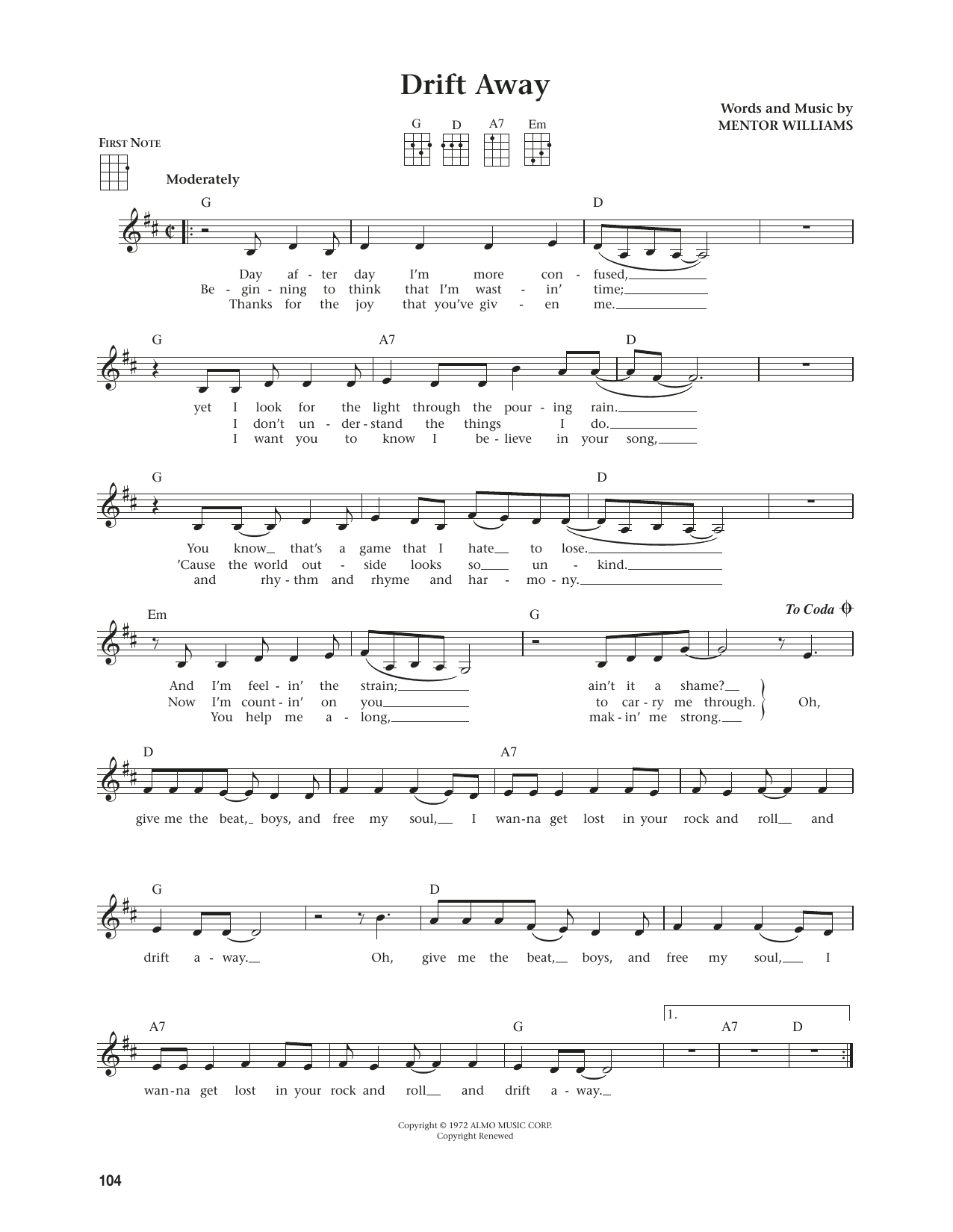 Dobie Gray Drift Away (from The Daily Ukulele) (arr. Jim Beloff) Sheet Music Notes & Chords for Ukulele - Download or Print PDF