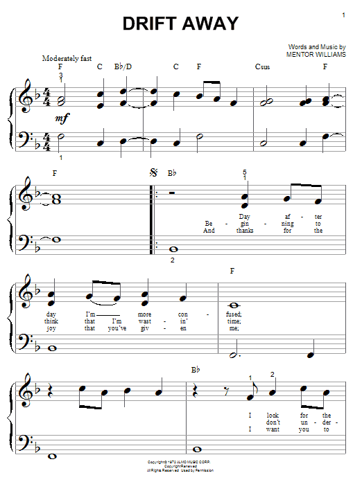 Dobie Gray Drift Away Sheet Music Notes & Chords for Piano & Vocal - Download or Print PDF