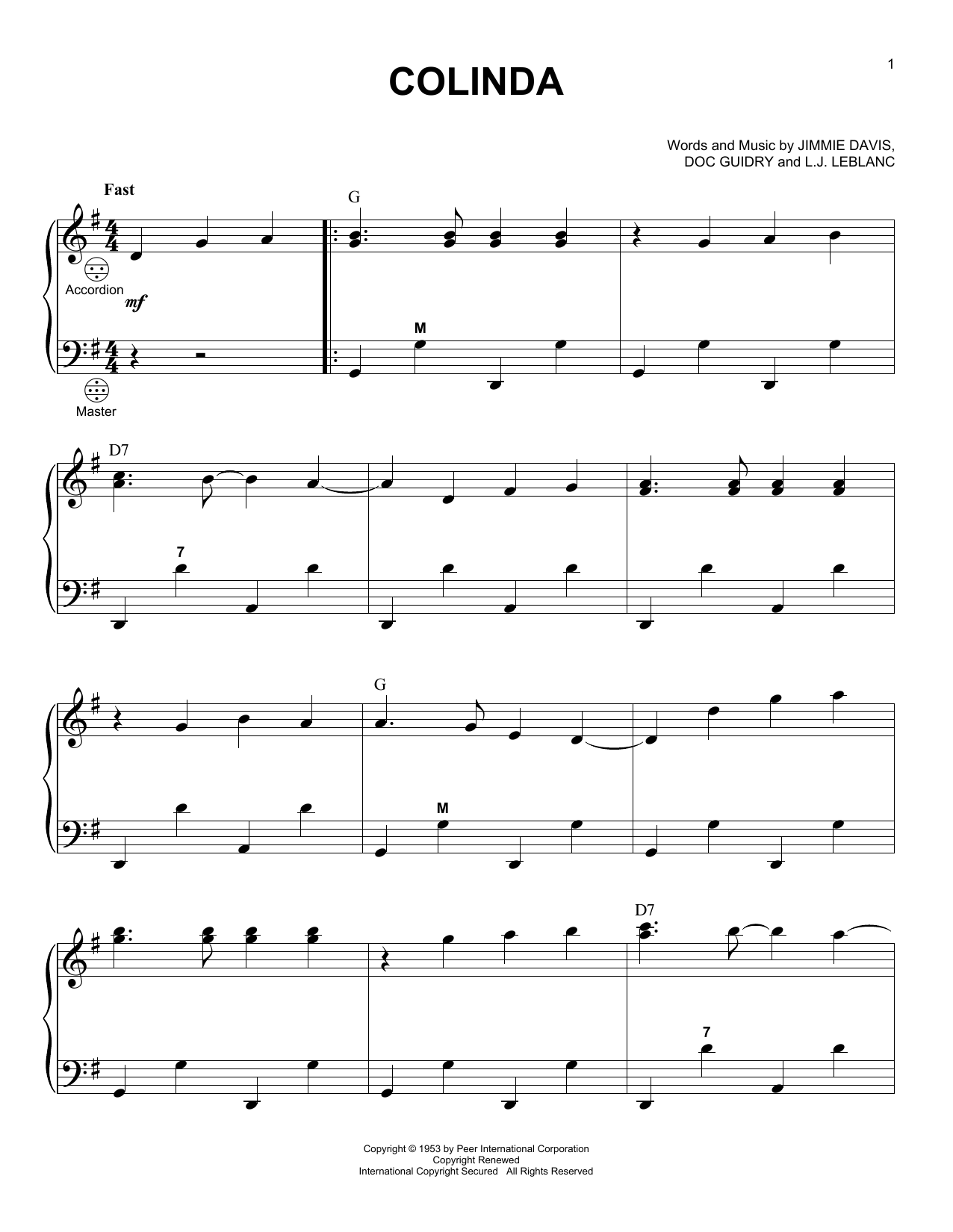 Doc Guidry Colinda Sheet Music Notes & Chords for Accordion - Download or Print PDF