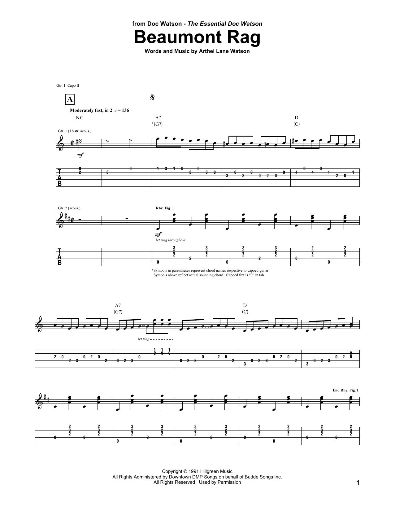 Doc Watson Beaumont Rag Sheet Music Notes & Chords for Guitar Tab - Download or Print PDF