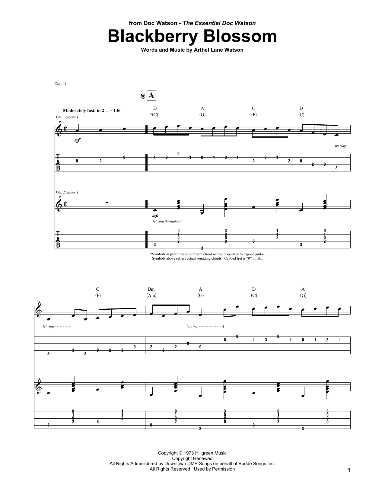 Doc Watson Blackberry Blossom Sheet Music Notes & Chords for Guitar Tab - Download or Print PDF