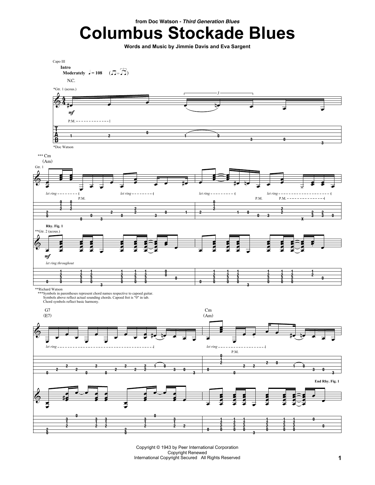 Doc Watson Columbus Stockade Blues Sheet Music Notes & Chords for Guitar Tab - Download or Print PDF