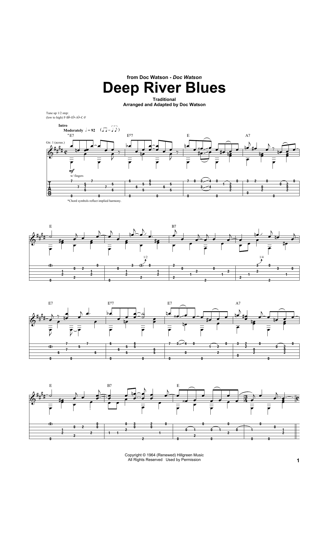 Doc Watson Deep River Blues Sheet Music Notes & Chords for Solo Guitar Tab - Download or Print PDF