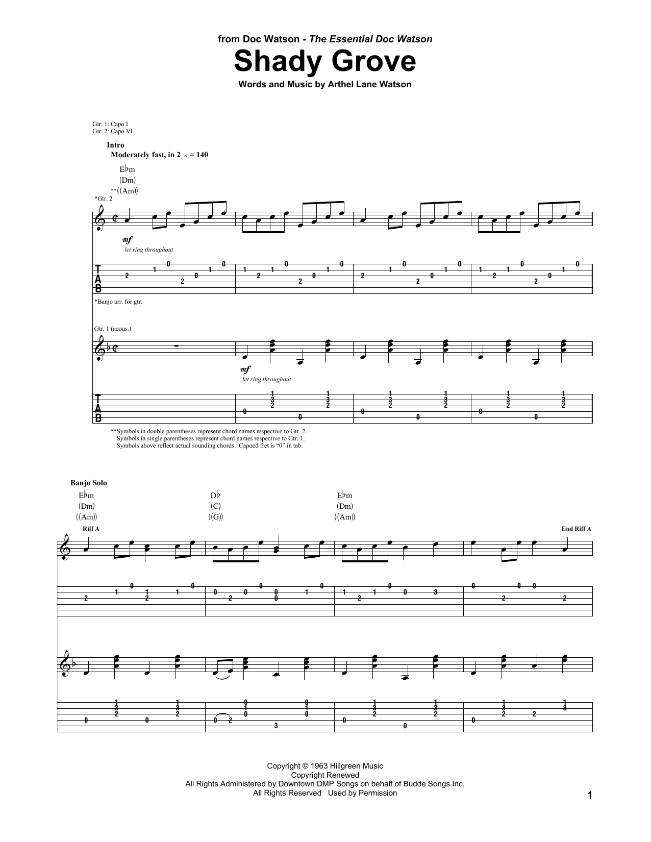 Doc Watson Shady Grove Sheet Music Notes & Chords for Guitar Tab - Download or Print PDF