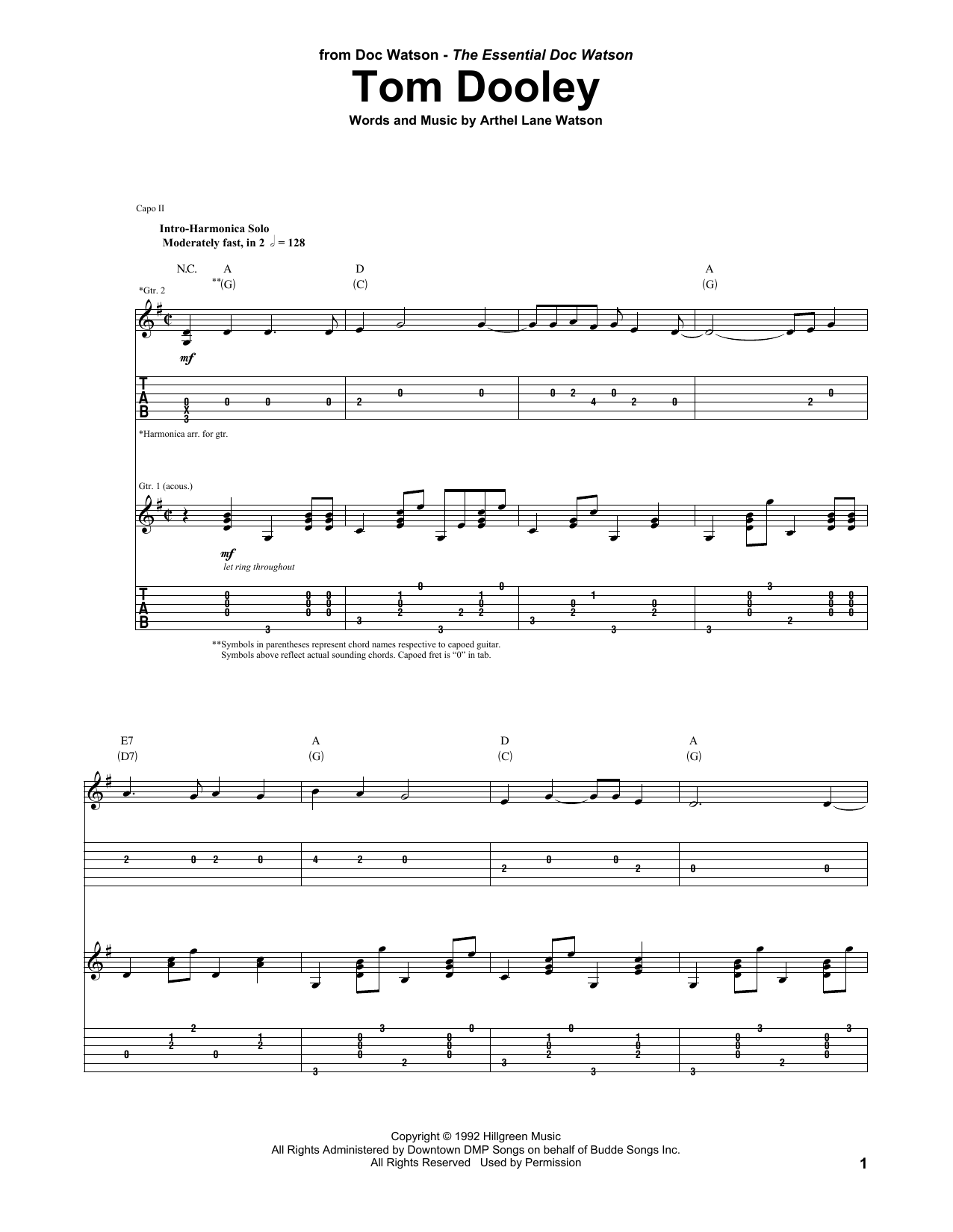 Doc Watson Tom Dooley Sheet Music Notes & Chords for Guitar Tab - Download or Print PDF