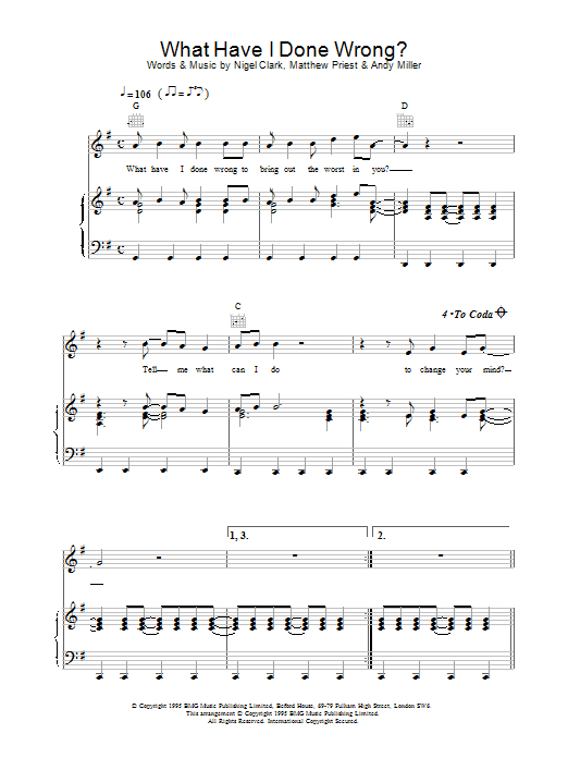 Dodgy What Have I Done Wrong Sheet Music Notes & Chords for Piano, Vocal & Guitar (Right-Hand Melody) - Download or Print PDF