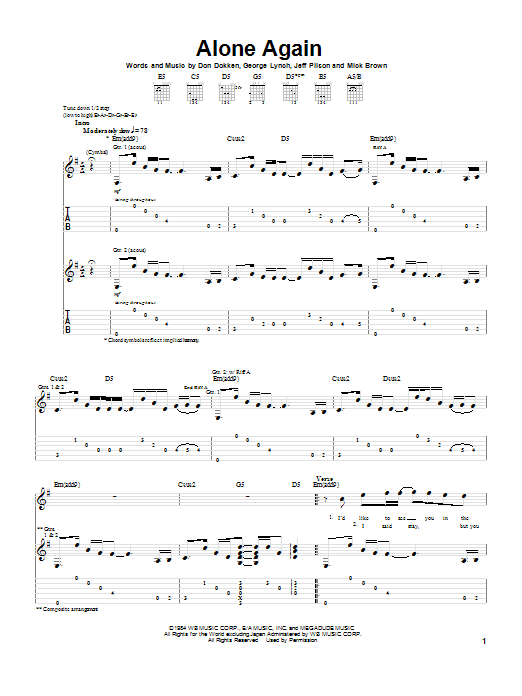 Dokken Alone Again Sheet Music Notes & Chords for Guitar Tab - Download or Print PDF