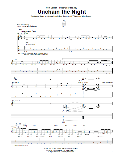 Dokken Unchain The Night Sheet Music Notes & Chords for Guitar Tab - Download or Print PDF