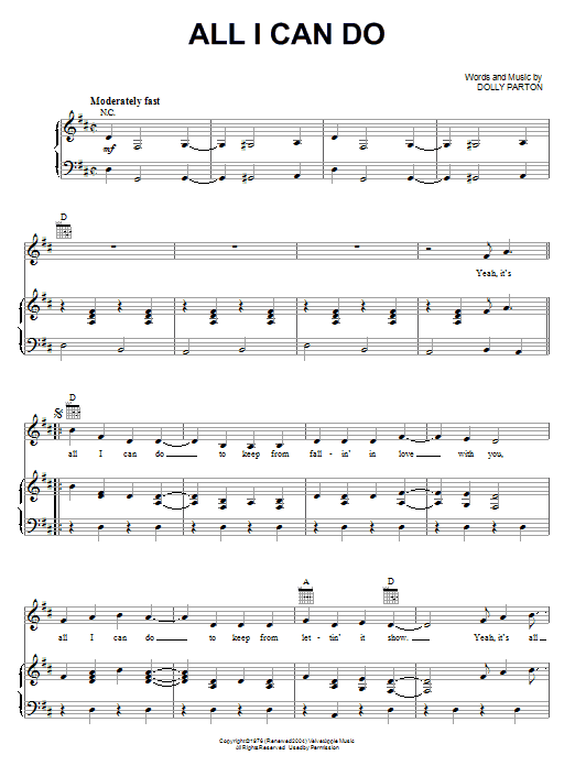 Dolly Parton All I Can Do Sheet Music Notes & Chords for Piano, Vocal & Guitar (Right-Hand Melody) - Download or Print PDF