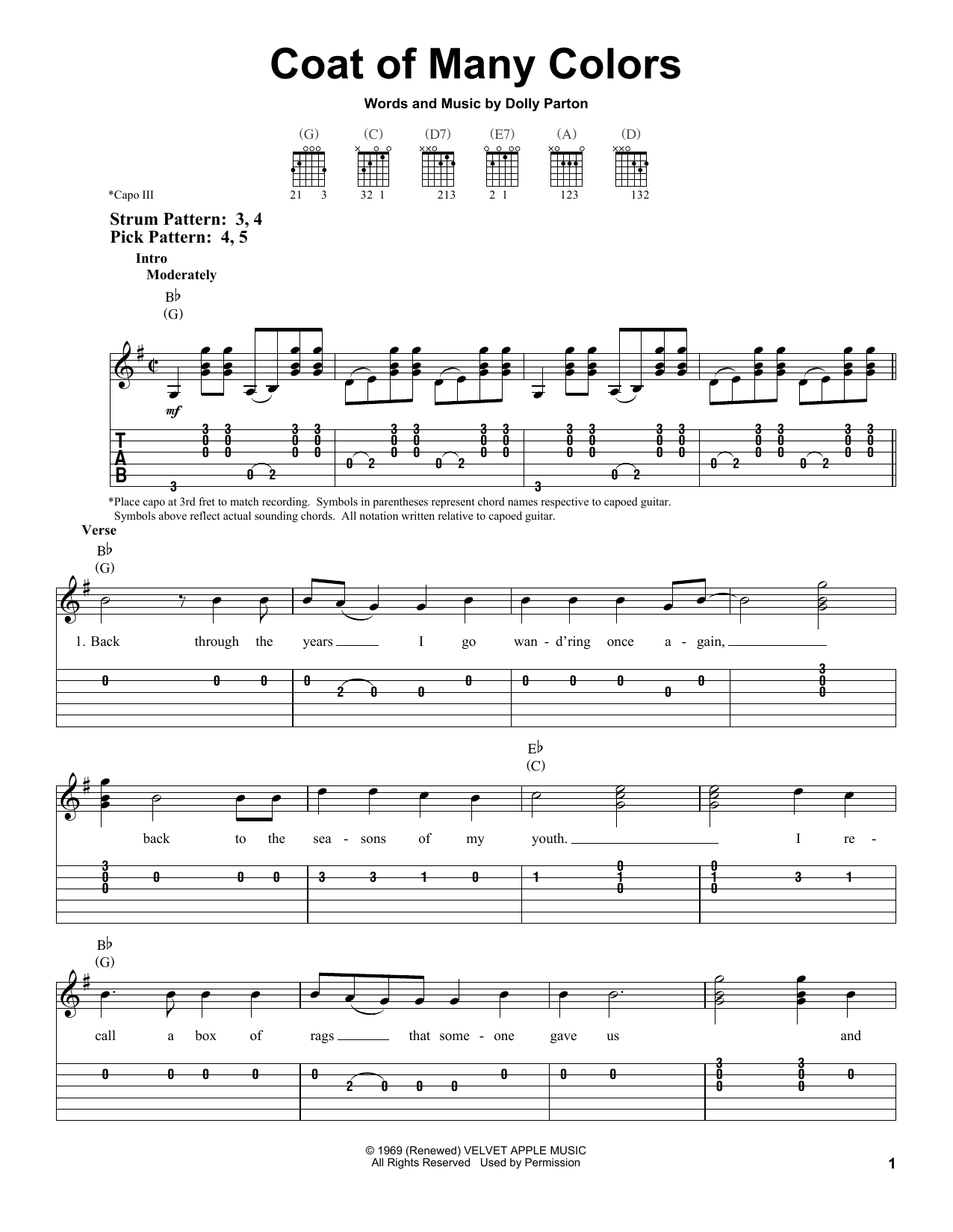 Dolly Parton Coat Of Many Colors Sheet Music Notes & Chords for Easy Guitar - Download or Print PDF