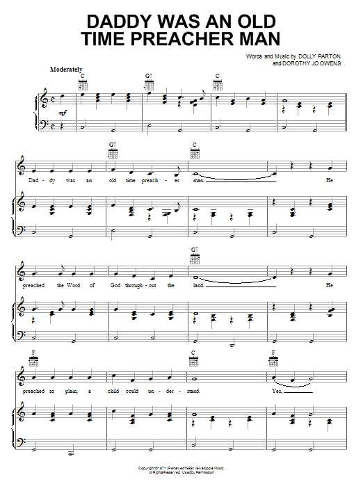 Dolly Parton Daddy Was An Old Time Preacher Man Sheet Music Notes & Chords for Piano, Vocal & Guitar (Right-Hand Melody) - Download or Print PDF